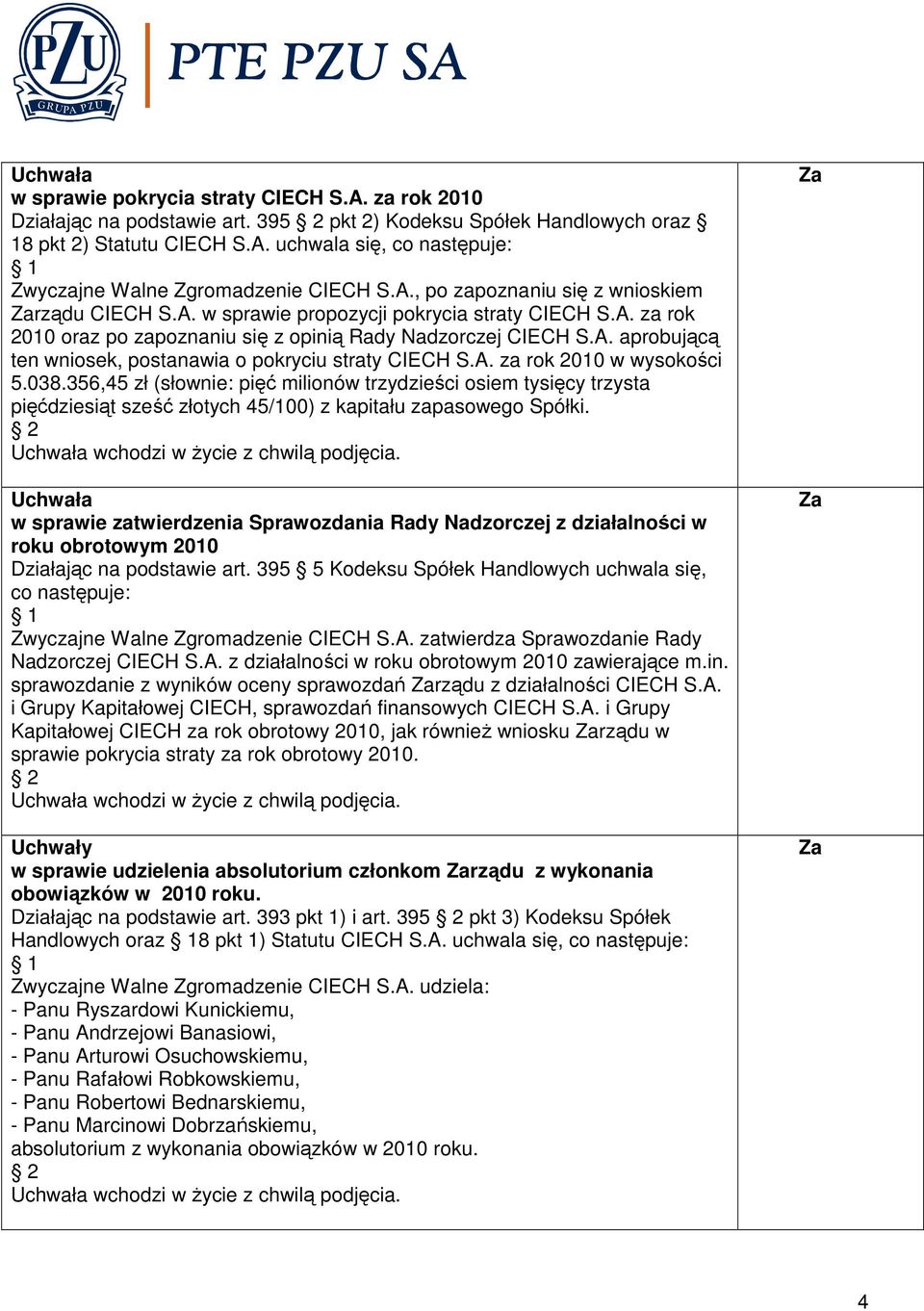 A. za rok 2010 w wysokości 5.038.356,45 zł (słownie: pięć milionów trzydzieści osiem tysięcy trzysta pięćdziesiąt sześć złotych 45/100) z kapitału zapasowego Spółki.