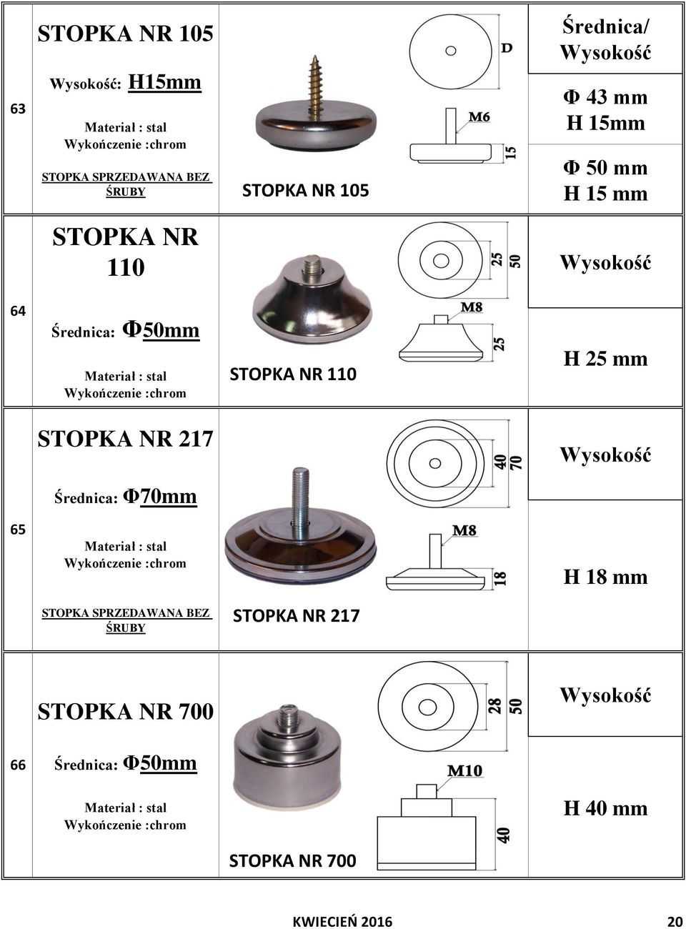 H 25 mm STOPKA NR 217 Średnica: Φ70mm 65 H 18 mm STOPKA SPRZEDAWANA BEZ