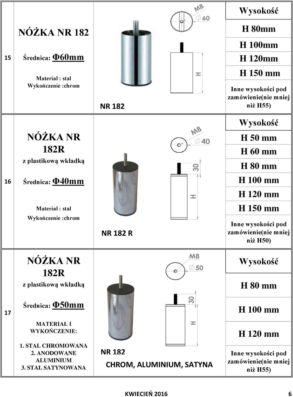 STAL SATYNOWANA NR 182 NR 182 R NR 182 CHROM, ALUMINIUM, SATYNA H 150 mm zamówienie(nie mniej niż