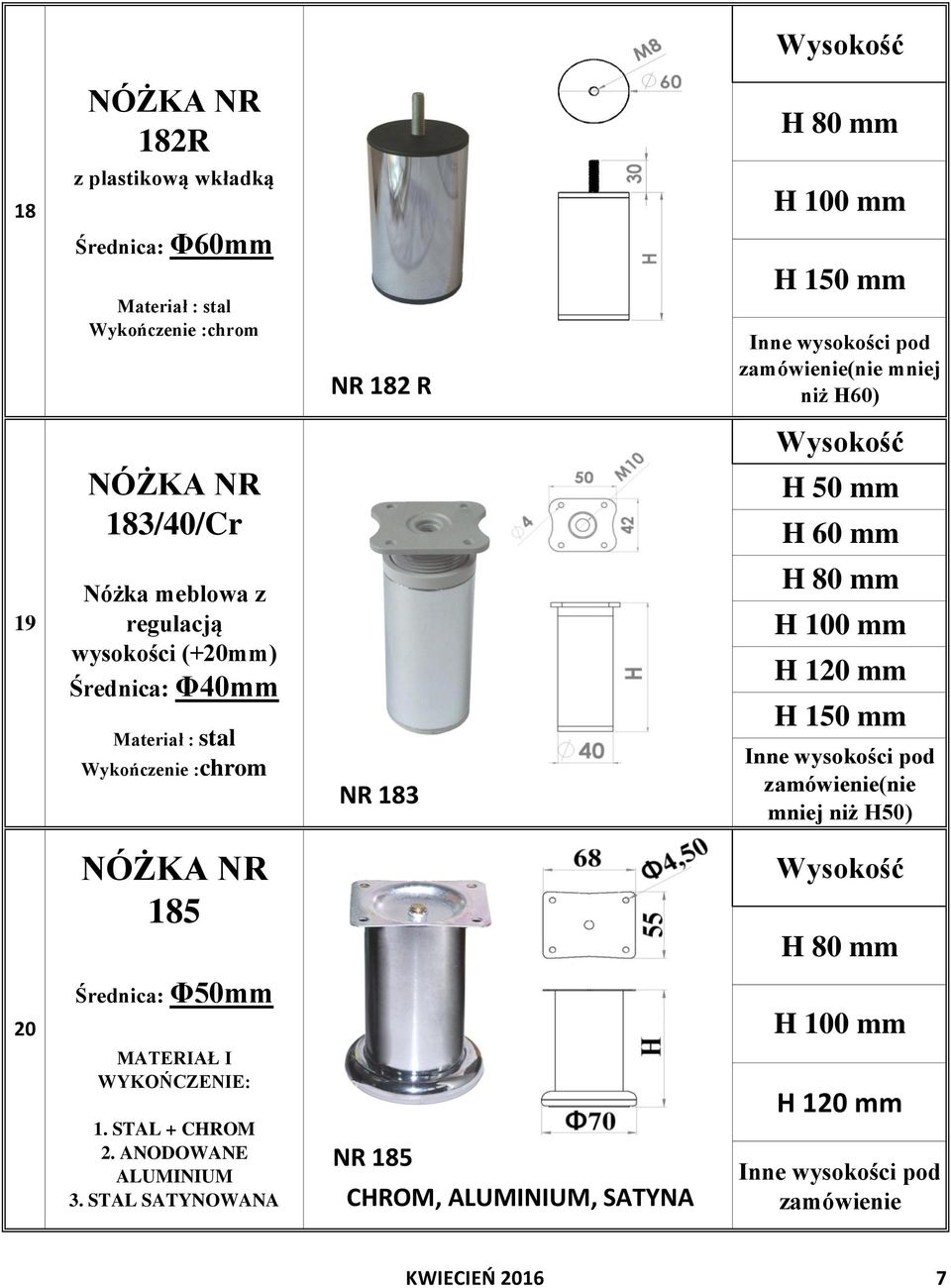 183 H 150 mm zamówienie(nie mniej niż H50) 185 20 MATERIAŁ I WYKOŃCZENIE: 1. STAL + CHROM 2.