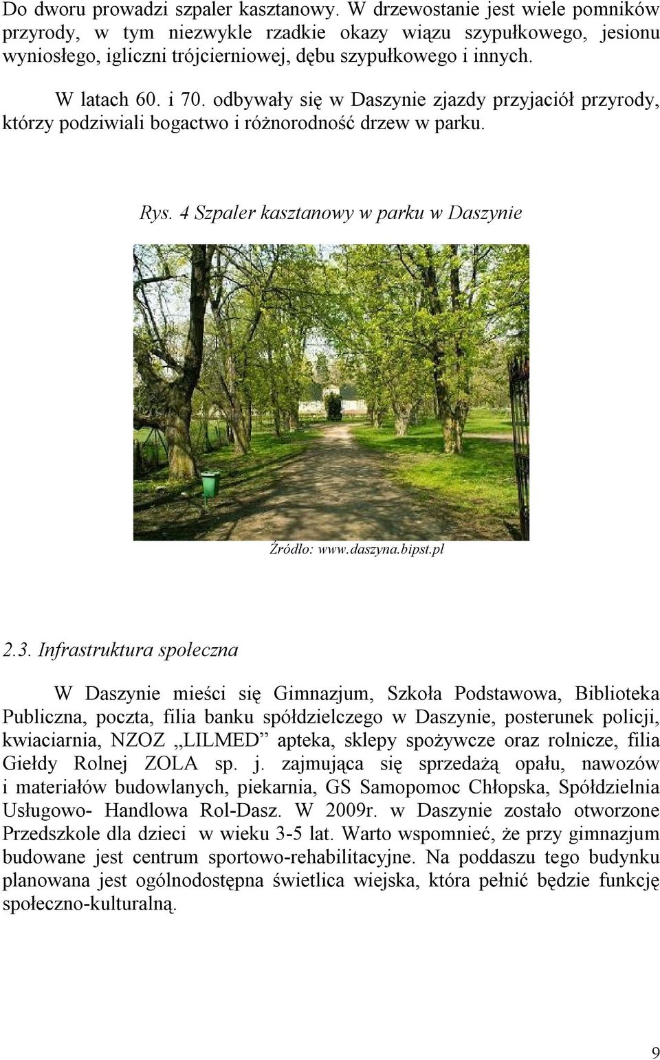 odbywały się w Daszynie zjazdy przyjaciół przyrody, którzy podziwiali bogactwo i różnorodność drzew w parku. Rys. 4 Szpaler kasztanowy w parku w Daszynie Źródło: www.daszyna.bipst.pl 2.3.