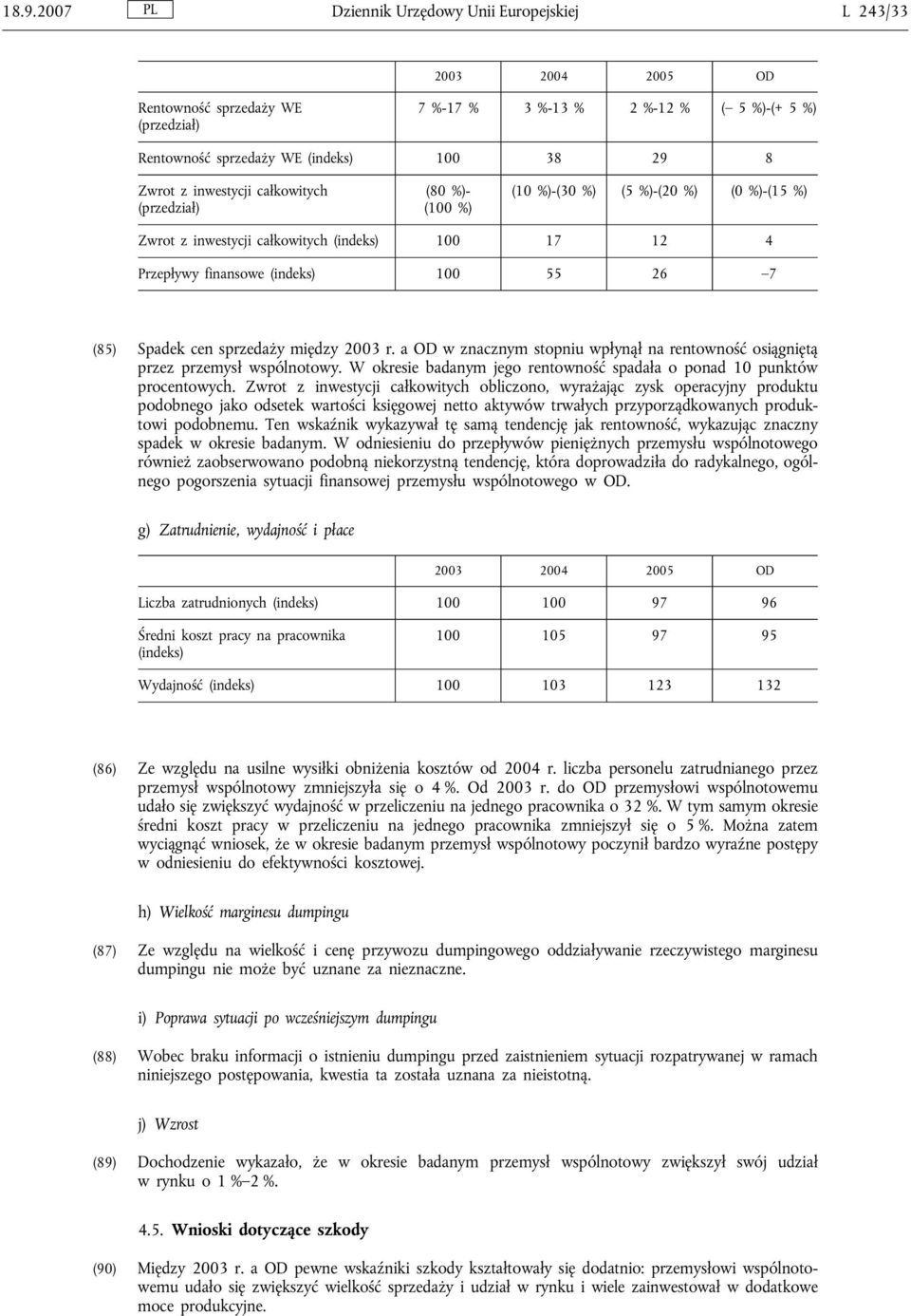 Spadek cen sprzedaży między 2003 r. a OD w znacznym stopniu wpłynął na rentowność osiągniętą przez przemysł wspólnotowy. W okresie badanym jego rentowność spadała o ponad 10 punktów procentowych.