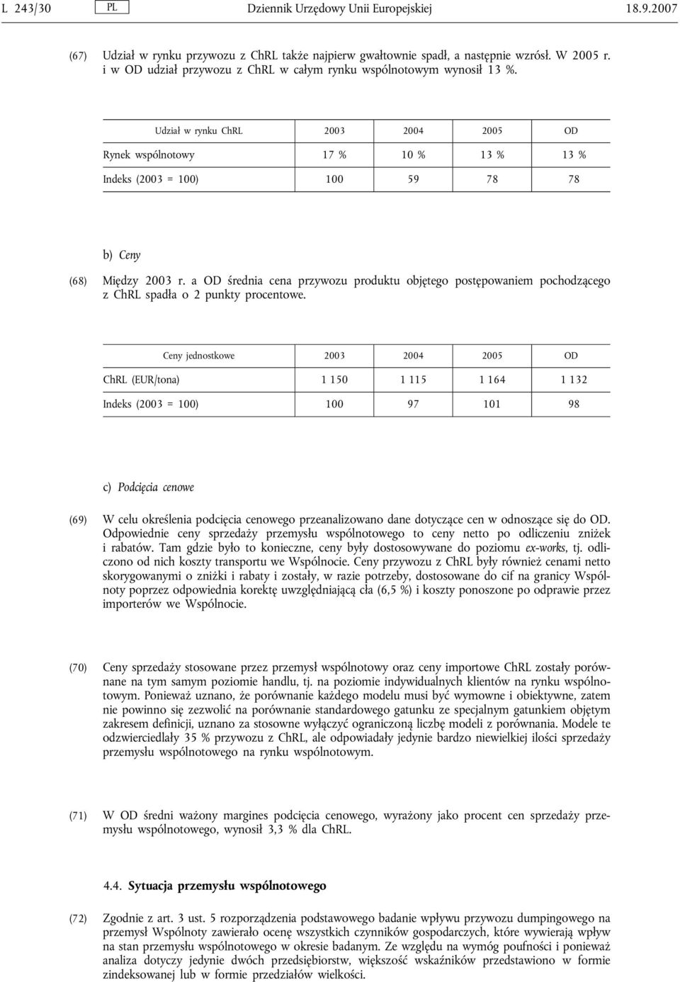 Udział w rynku ChRL 2003 2004 2005 OD Rynek wspólnotowy 17 % 10 % 13 % 13 % Indeks (2003 = 100) 100 59 78 78 b) Ceny (68) Między 2003 r.