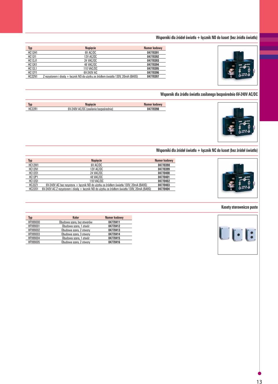 6V-240V AC/DC (zasilanie bezpośrednie) 04770398 Wspornik dla źródła światła zasilanego bezpośrednio 6V-240V AC/DC Typ Napięcie Numer kodowy HC12M1 6V AC/DC 04770398 HC12N1 12V AC/DC 04770399 HC12O1