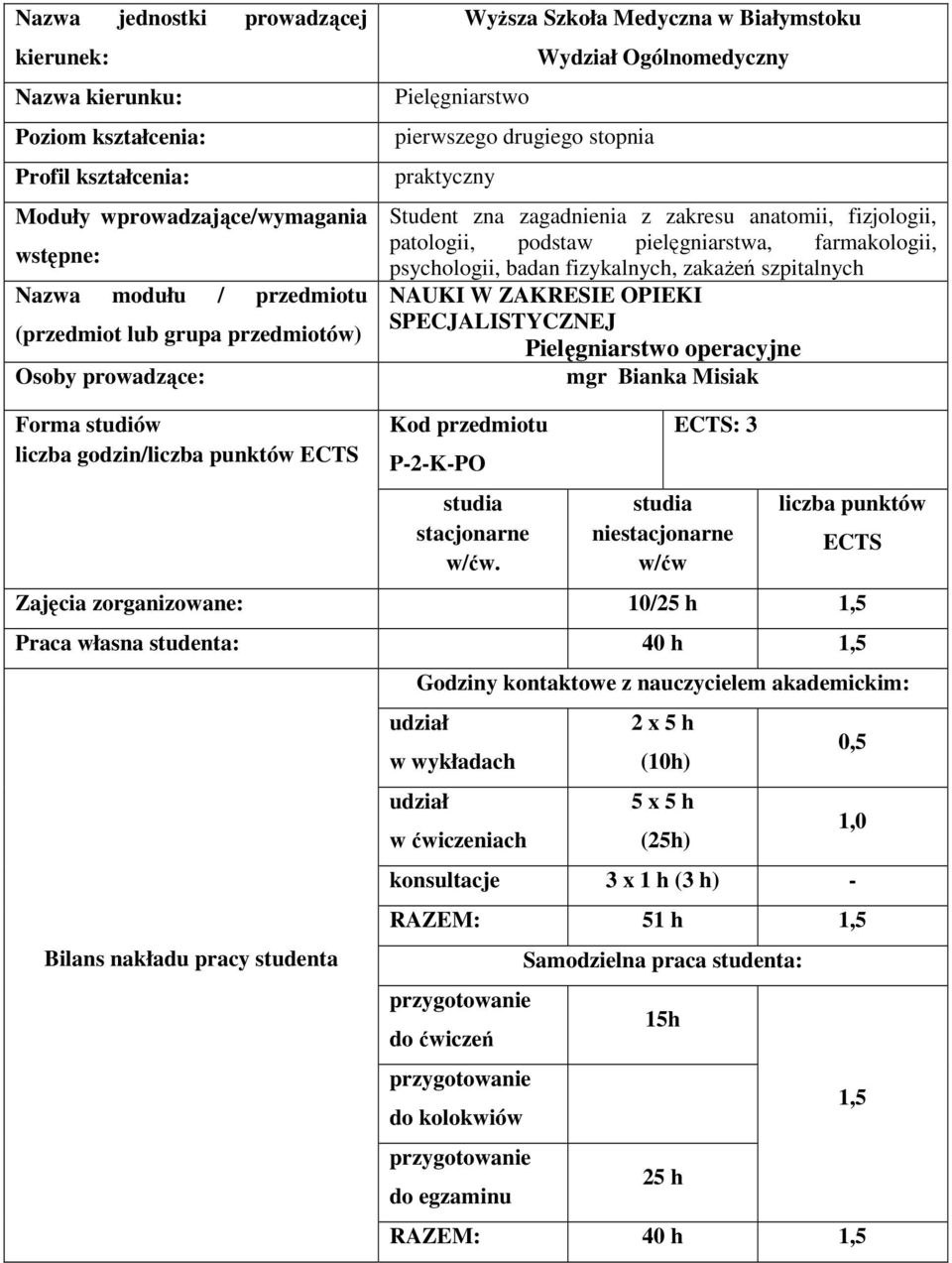 podstaw pielęgniarstwa, farmakologii, psychologii, badan fizykalnych, zakażeń szpitalnych NAUKI W ZAKRESIE OPIEKI SPECJALISTYCZNEJ Pielęgniarstwo operacyjne mgr Bianka Misiak Forma studiów liczba