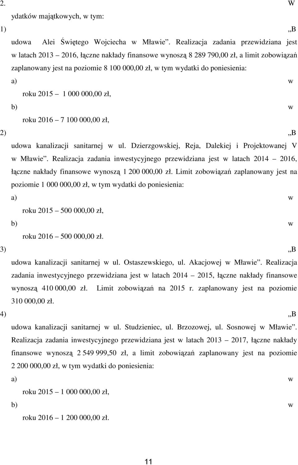 2015 1 000 000,00 zł, b) roku 2016 7 100 000,00 zł, 2) B udoa kanalizacji sanitarnej ul. Dzierzgoskiej, Reja, Dalekiej i Projektoanej V Młaie.