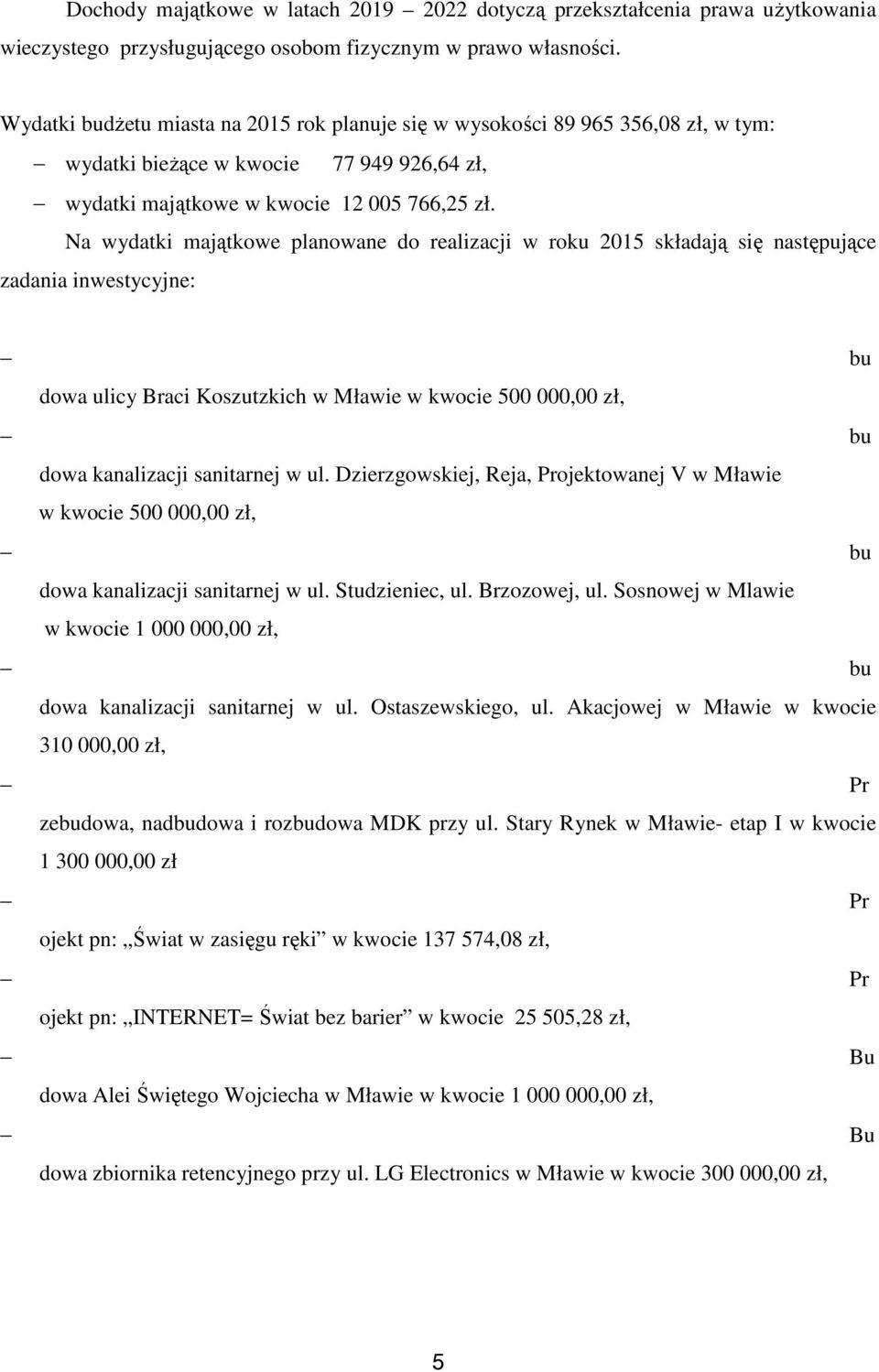 Na ydatki majątkoe planoane do realizacji roku 2015 składają się następujące zadania inestycyjne: bu doa ulicy Braci Koszutzkich Młaie kocie 500 000,00 zł, bu doa kanalizacji sanitarnej ul.