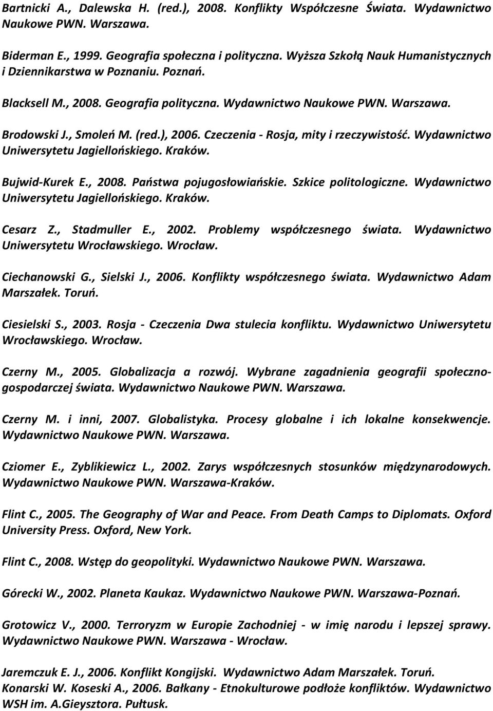 Czeczenia - Rosja, mity i rzeczywistość. Wydawnictwo Uniwersytetu Jagiellońskiego. Kraków. Bujwid-Kurek E., 2008. Państwa pojugosłowiańskie. Szkice politologiczne.