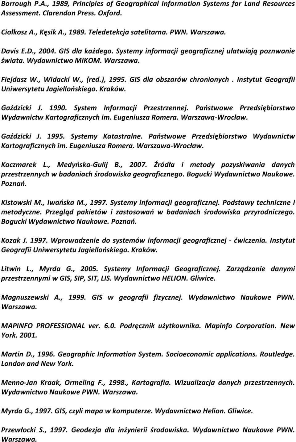 Instytut Geografii Uniwersytetu Jagiellońskiego. Kraków. Gaździcki J. 1990. System Informacji Przestrzennej. Państwowe Przedsiębiorstwo Wydawnictw Kartograficznych im. Eugeniusza Romera.