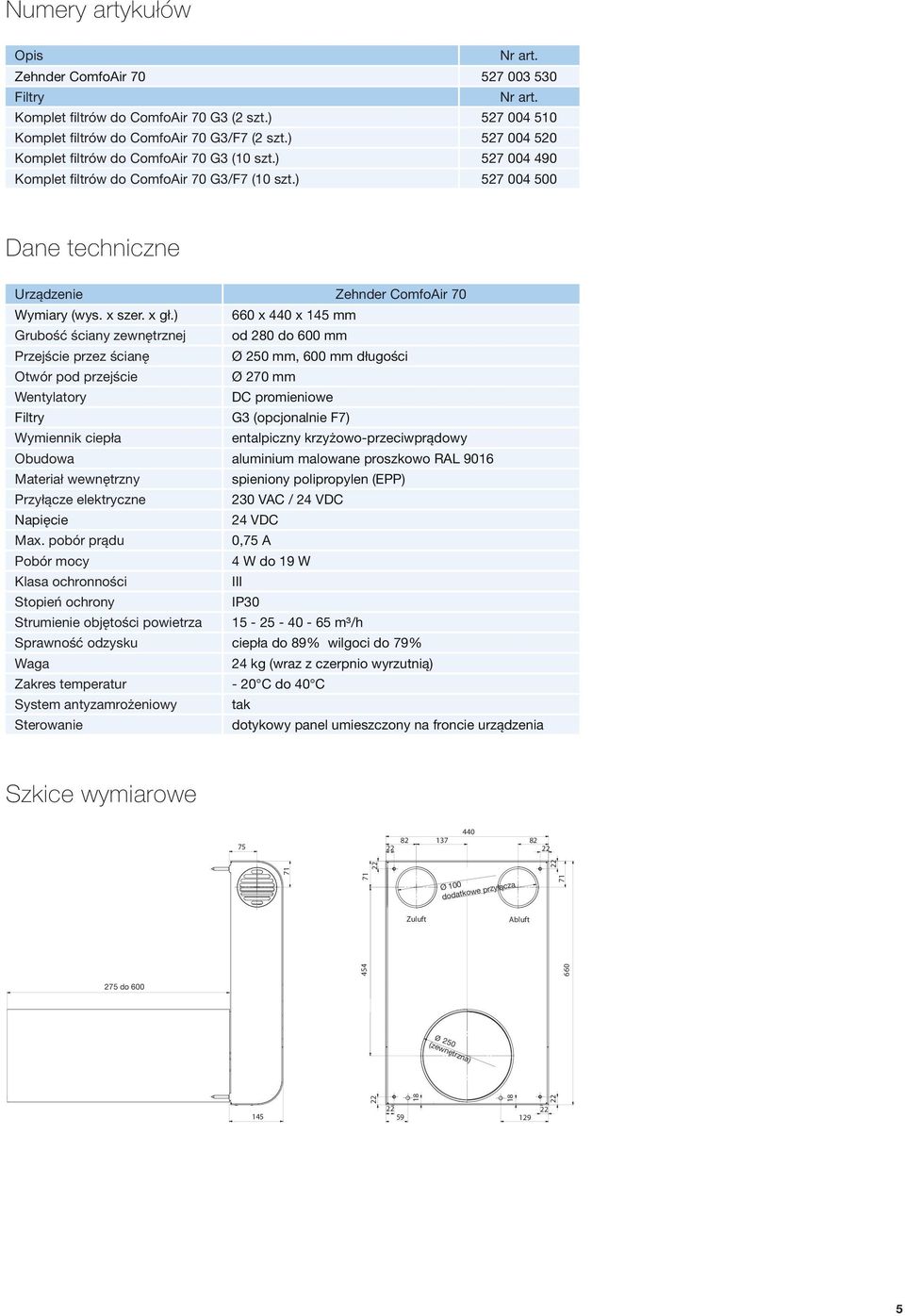 x gł.) 660 x 440 x 145 mm Grubość ściany zewnętrznej od 280 do 600 mm Przejście przez ścianę Ø 250 mm, 600 mm długości Otwór pod przejście Ø 270 mm Wentylatory DC promieniowe Filtry G3 (opcjonalnie