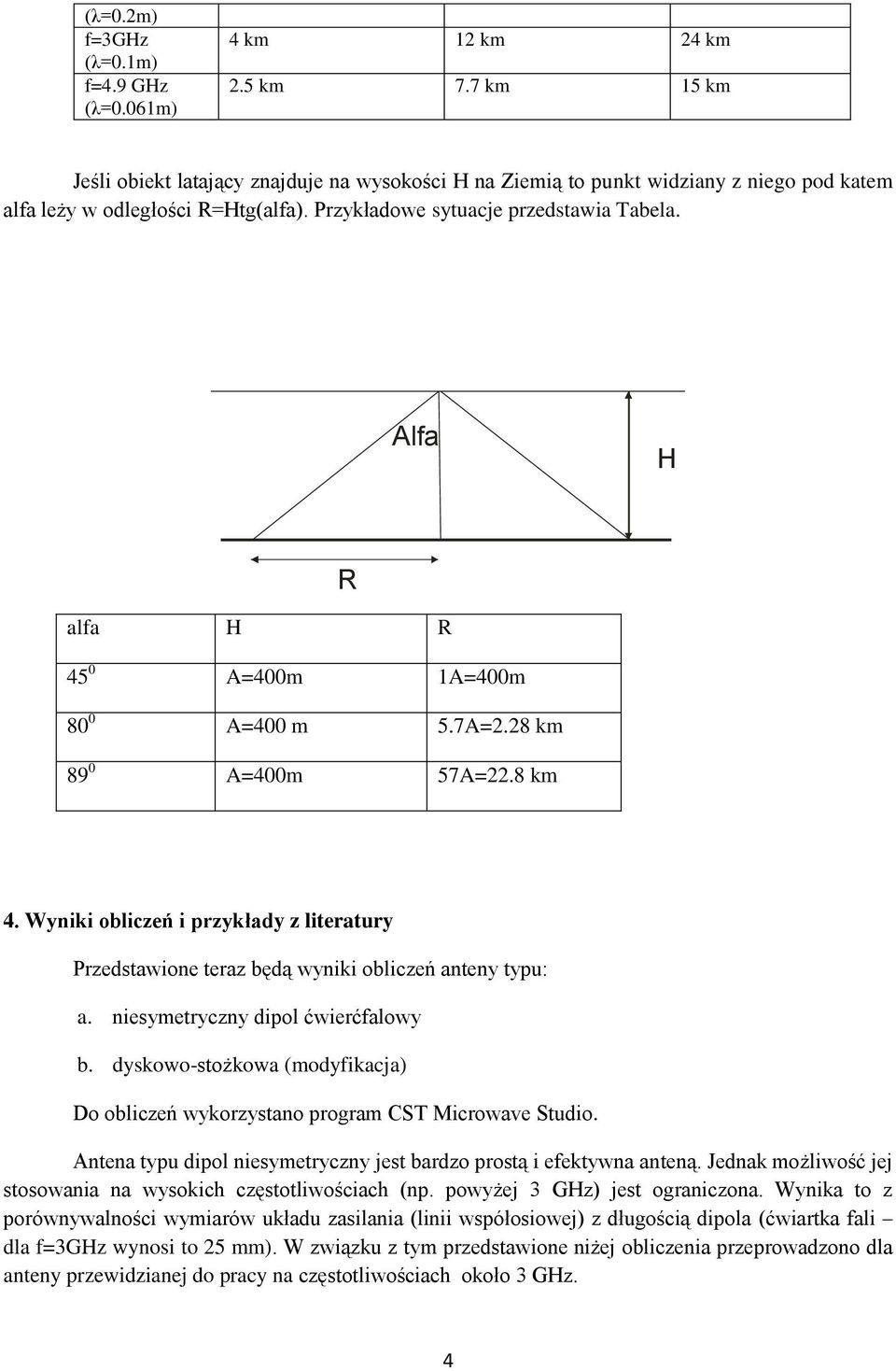Alfa H alfa H R 45 0 A=400m 1A=400m 80 0 A=400 m 5.7A=2.28 km 89 0 A=400m 57A=22.8 km R 4. Wyniki obliczeń i przykłady z literatury Przedstawione teraz będą wyniki obliczeń anteny typu: a.