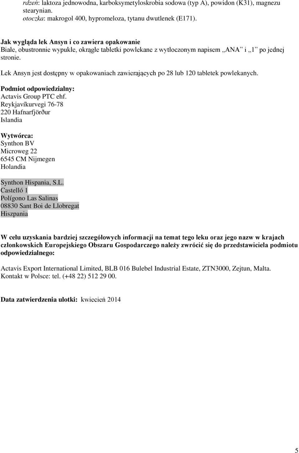 Lek Ansyn jest dostępny w opakowaniach zawierających po 28 lub 120 tabletek powlekanych. Podmiot odpowiedzialny: Actavis Group PTC ehf.