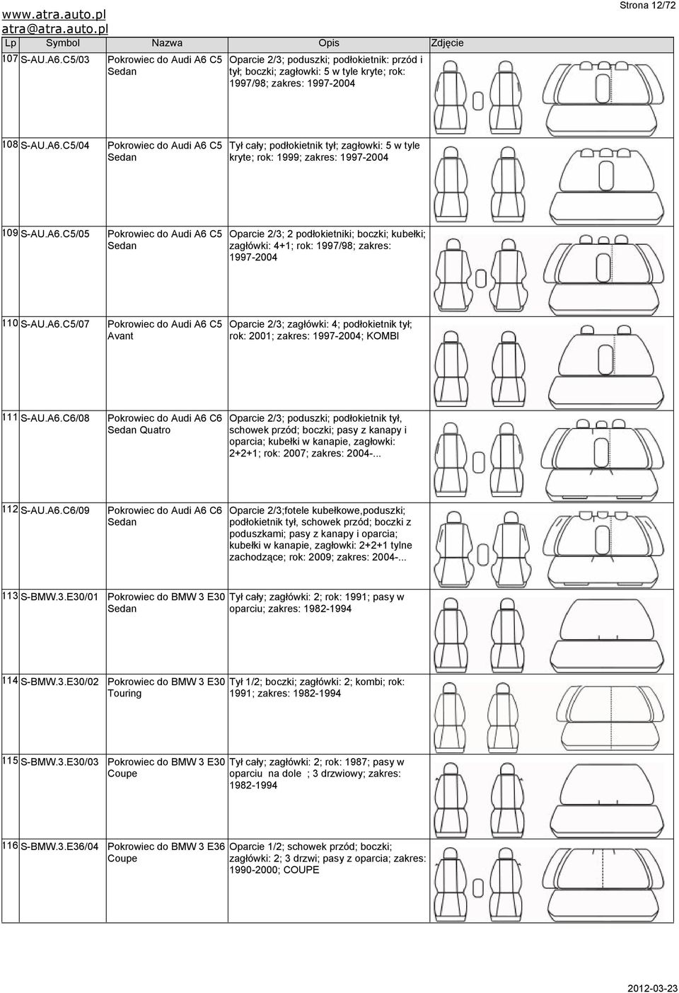 A6.C6/08 Pokrowiec do Audi A6 C6 Quatro Oparcie 2/3; poduszki; podłokietnik tył, schowek przód; boczki; pasy z kanapy i oparcia; kubełki w kanapie, zagłowki: 2+2+1; rok: 2007; zakres: 2004-... 112 S-AU.