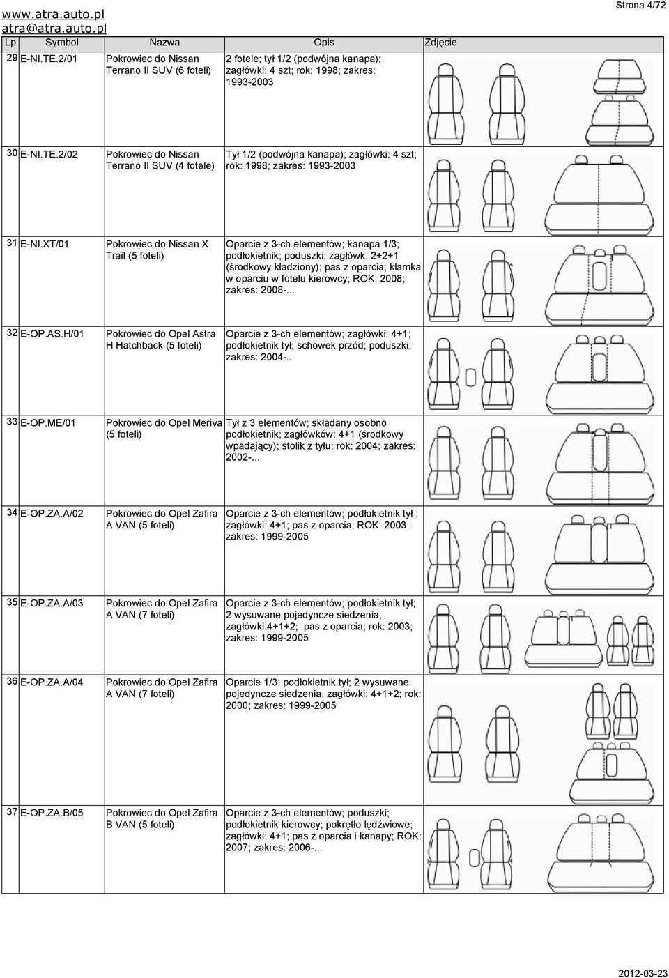 2008; zakres: 2008-... 32 E-OP.AS.H/01 Pokrowiec do Opel Astra Oparcie z 3-ch elementów; zagłówki: 4+1; H Hatchback (5 foteli) podłokietnik tył; schowek przód; poduszki; zakres: 2004-.. 33 E-OP.