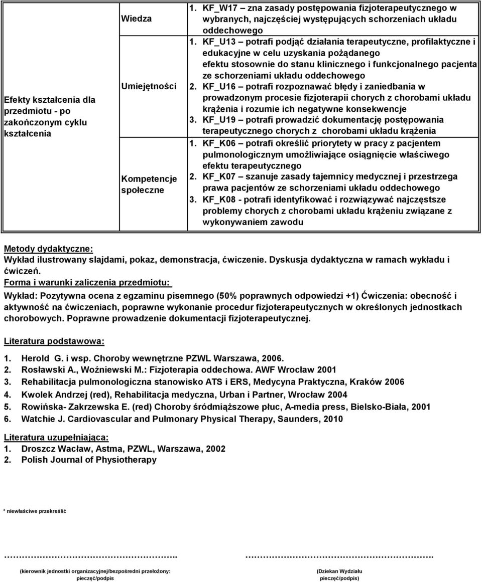 edukacyjne w celu uzyskania pożądanego efektu stosownie do stanu klinicznego i funkcjonalnego pacjenta ze schorzeniami układu oddechowego KF_U16 potrafi rozpoznawać błędy i zaniedbania w prowadzonym