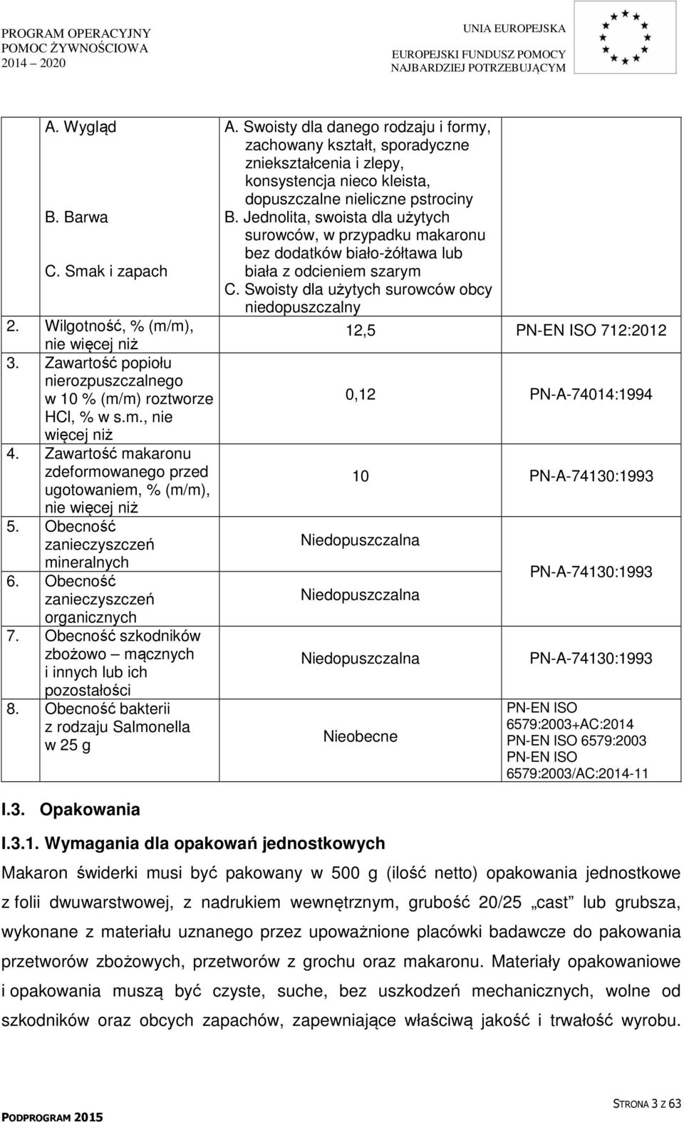 Obecność szkodników zbożowo mącznych i innych lub ich pozostałości 8. Obecność bakterii z rodzaju Salmonella w 25 g I.3. Opakowania A.