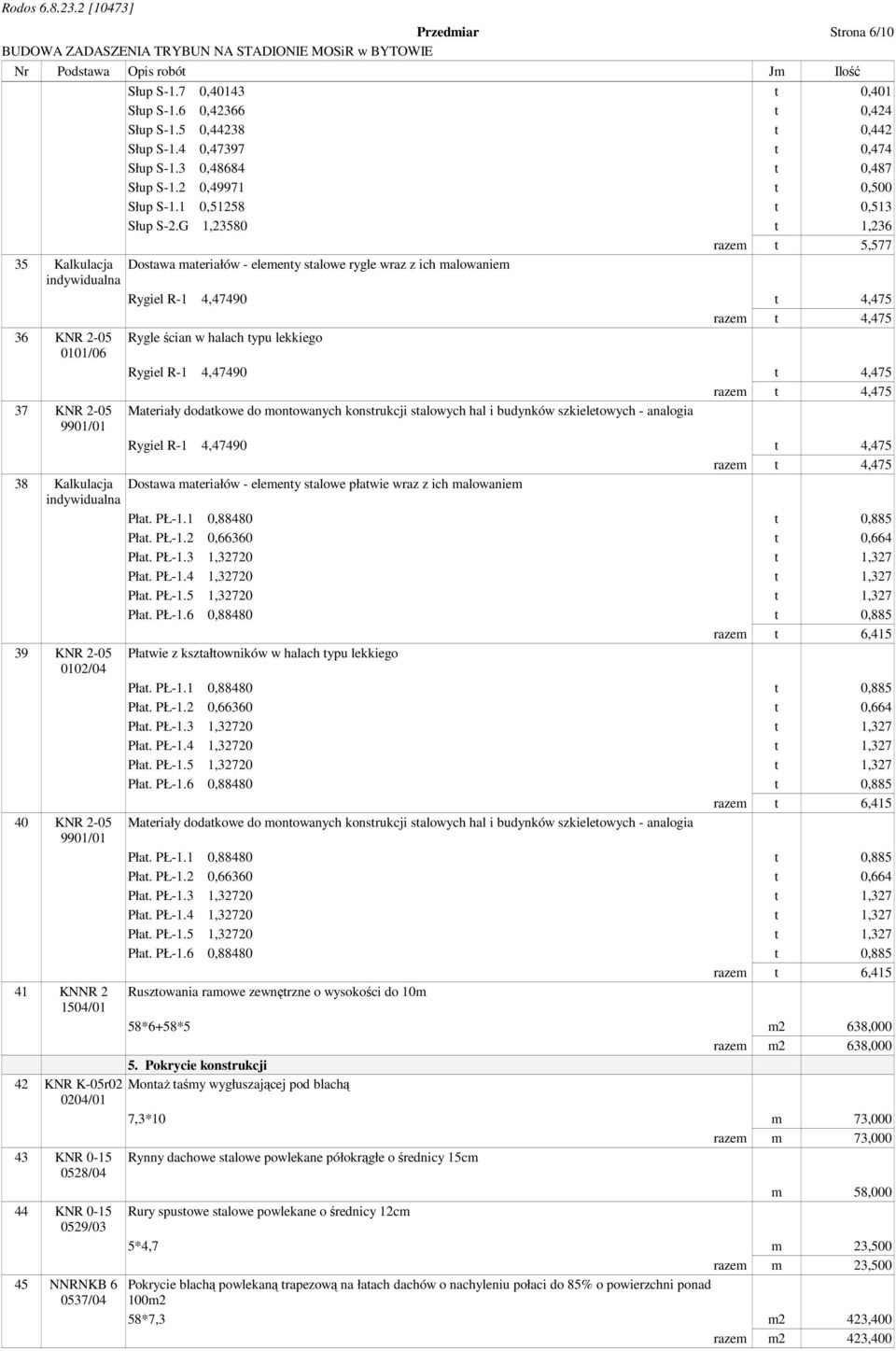 G 1,23580 t 1,236 razem t 5,577 35 Kalkulacja Dostawa materiałów - elementy stalowe rygle wraz z ich Rygiel R-1 4,47490 t 4,475 razem t 4,475 36 KNR 2-05 0101/06 Rygle ścian w halach typu lekkiego