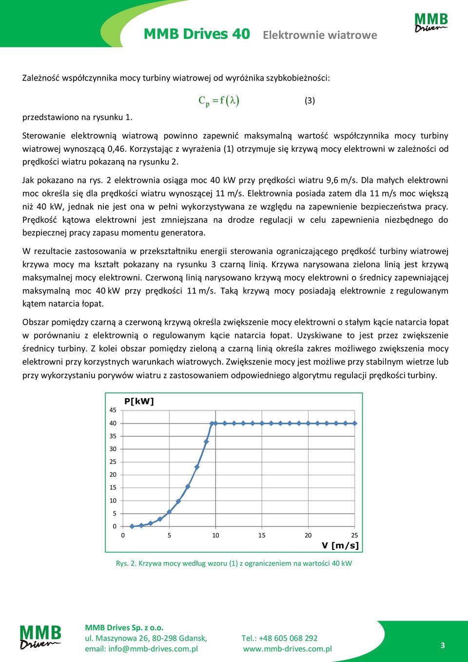 Korzystając z wyrażenia (1) otrzymuje się krzywą mocy elektrowni w zależności od prędkości wiatru pokazaną na rysunku 2. Jak pokazano na rys.