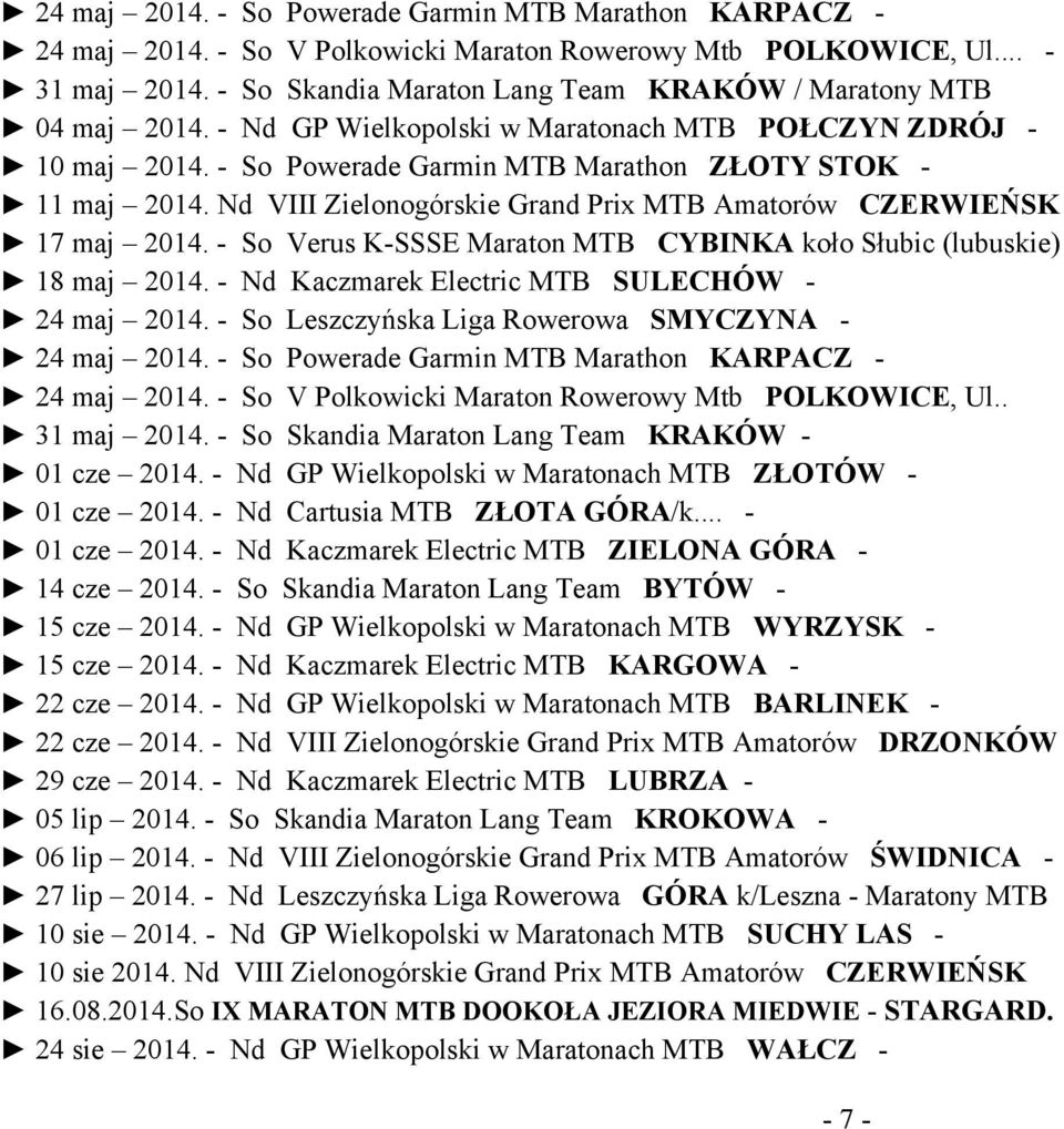 Nd VIII Zielonogórskie Grand Prix MTB Amatorów CZERWIEŃSK 17 maj 2014. - So Verus K-SSSE Maraton MTB CYBINKA koło Słubic (lubuskie) 18 maj 2014. - Nd Kaczmarek Electric MTB SULECHÓW - 24 maj 2014.