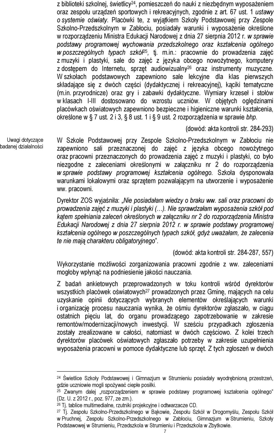 Placówki te, z wyjątkiem Szkoły Podstawowej przy Zespole Szkolno-Przedszkolnym w Zabłociu, posiadały warunki i wyposażenie określone w rozporządzeniu Ministra Edukacji Narodowej z dnia 27 sierpnia