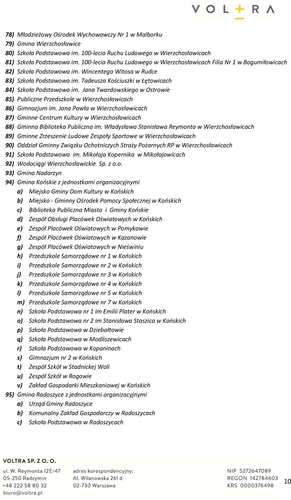 Tadeusza Kościuszki w Łętowicach 84) Szkoła Podstawowa im. Jana Twardowskiego w Ostrowie 85) Publiczne Przedszkole w Wierzchosławicach 86) Gimnazjum im.