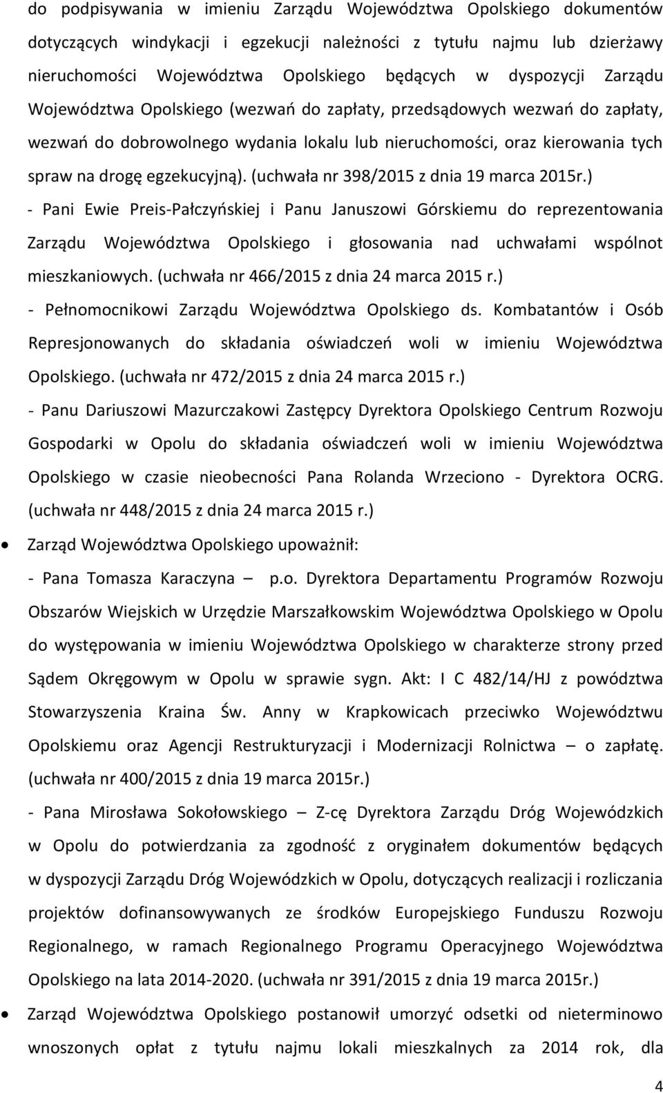 (uchwała nr 398/2015 z dnia 19 marca 2015r.) - Pani Ewie Preis-Pałczyńskiej i Panu Januszowi Górskiemu do reprezentowania Zarządu Opolskiego i głosowania nad uchwałami wspólnot mieszkaniowych.