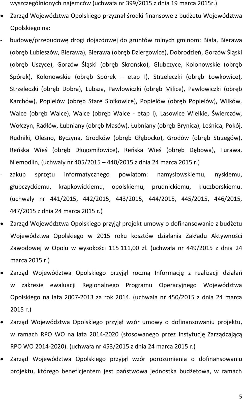 Dziergowice), Dobrodzień, Gorzów Śląski (obręb Uszyce), Gorzów Śląski (obręb Skrońsko), Głubczyce, Kolonowskie (obręb Spórek), Kolonowskie (obręb Spórek etap I), Strzeleczki (obręb Łowkowice),