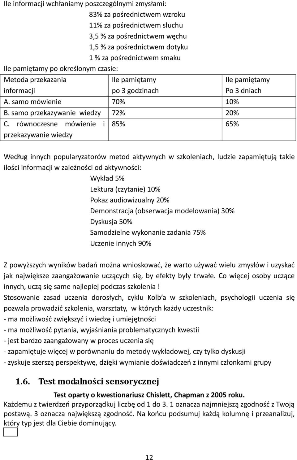 równoczesne mówienie i przekazywanie wiedzy 85% 65% Ile pamiętamy Po 3 dniach Według innych popularyzatorów metod aktywnych w szkoleniach, ludzie zapamiętują takie ilości informacji w zależności od