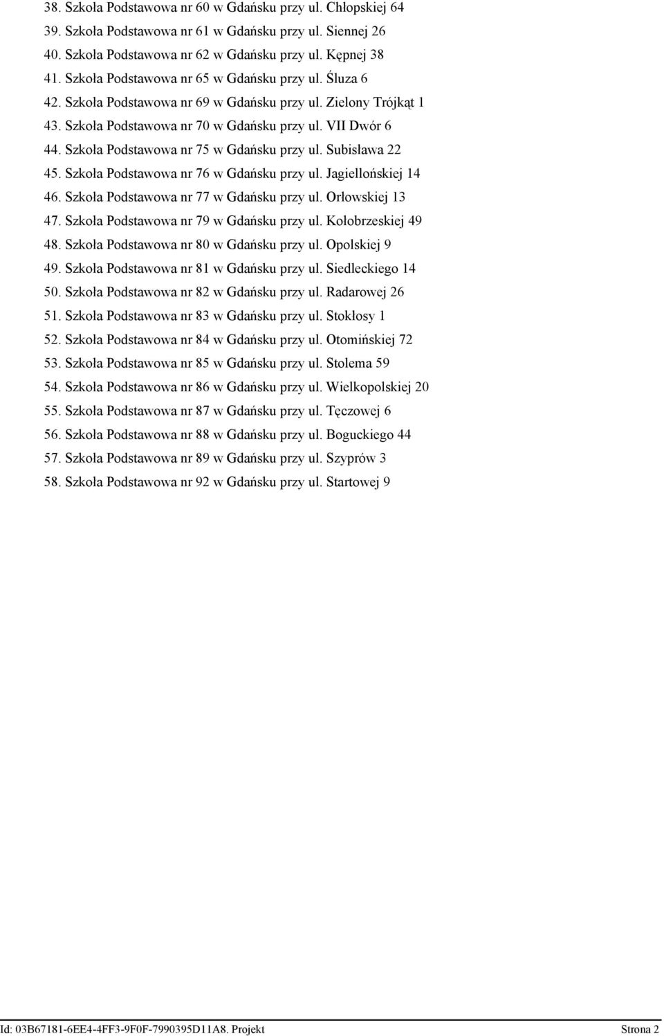 Szkoła Podstawowa nr 75 w Gdańsku przy ul. Subisława 22 45. Szkoła Podstawowa nr 76 w Gdańsku przy ul. Jagiellońskiej 14 46. Szkoła Podstawowa nr 77 w Gdańsku przy ul. Orłowskiej 13 47.