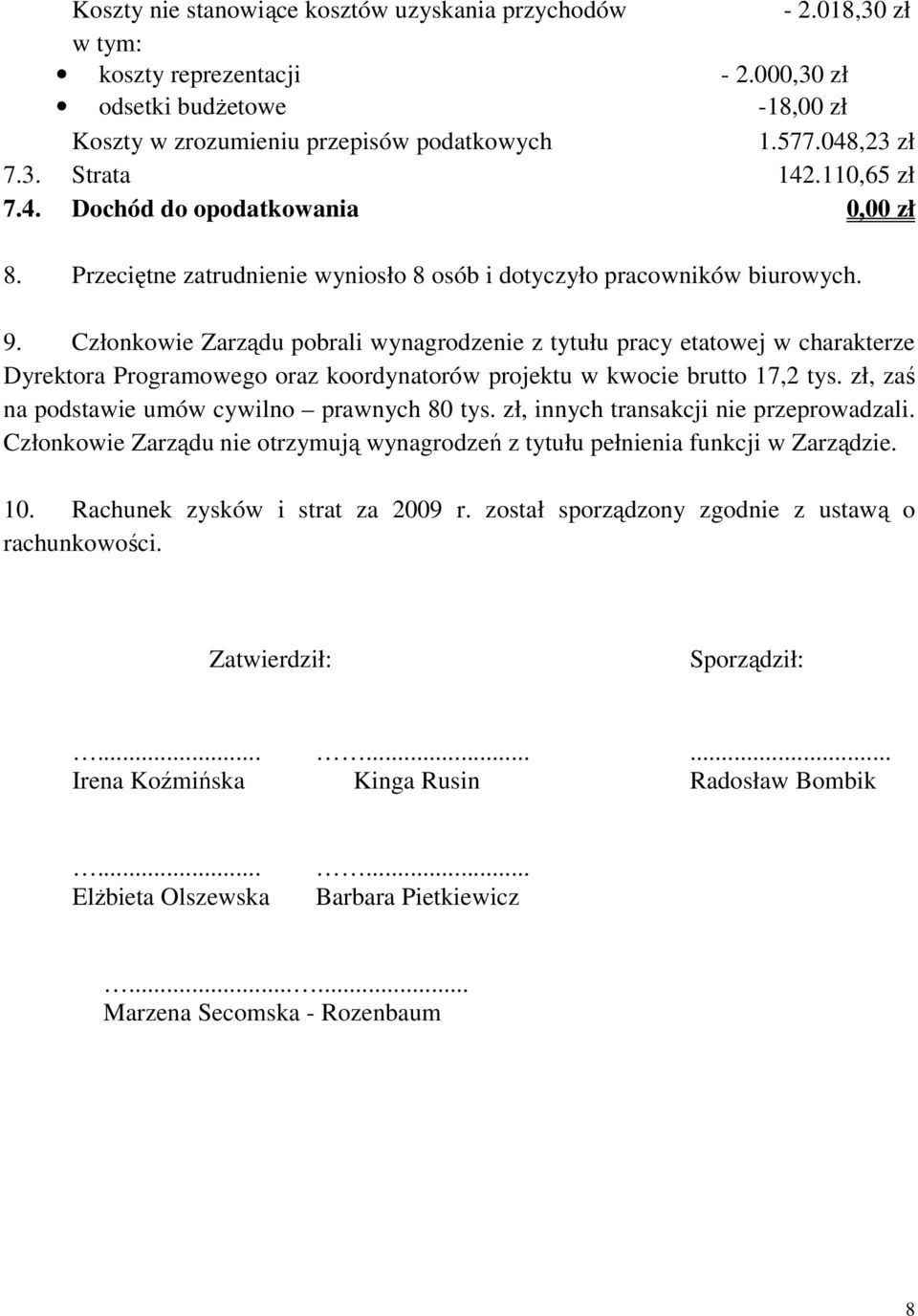 Członkowie Zarządu pobrali wynagrodzenie z tytułu pracy etatowej w charakterze Dyrektora Programowego oraz koordynatorów projektu w kwocie brutto 17,2 tys.