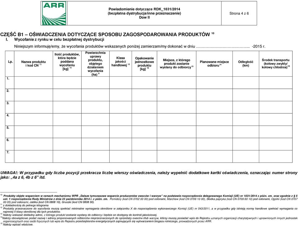 Nazwa produktu i kod CN 10 Ilość produktów, która będzie poddana wycofaniu [kg] 11 uprawy produktu, objętego działaniem wycofania (ha) 9 Klasa jakości handlowej 12 Opakowanie jednostkowe produktu