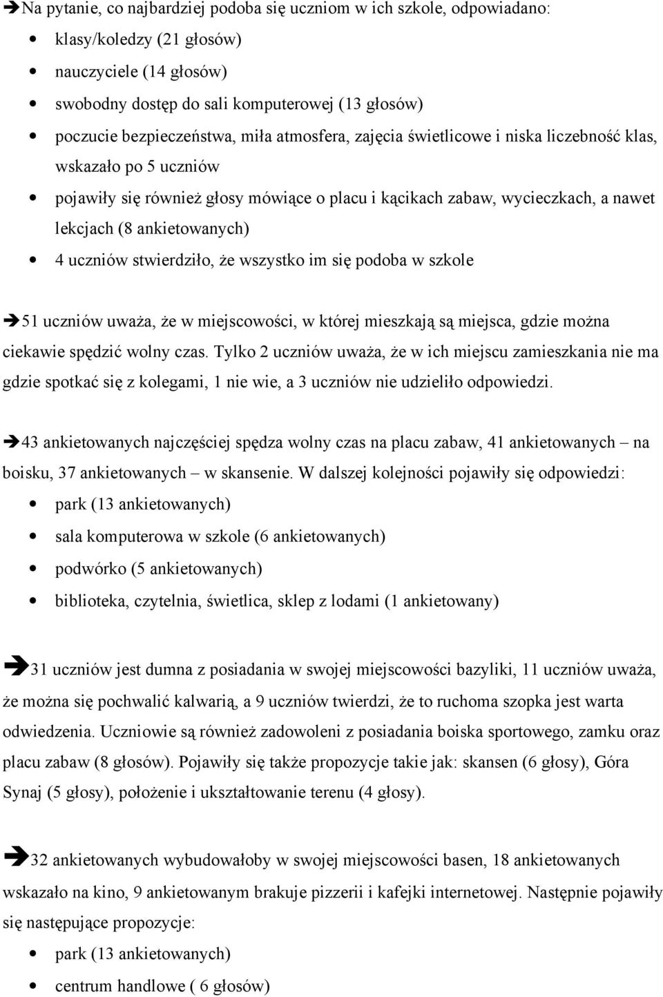 uczniów stwierdziło, że wszystko im się podoba w szkole 51 uczniów uważa, że w miejscowości, w której mieszkają są miejsca, gdzie można ciekawie spędzić wolny czas.