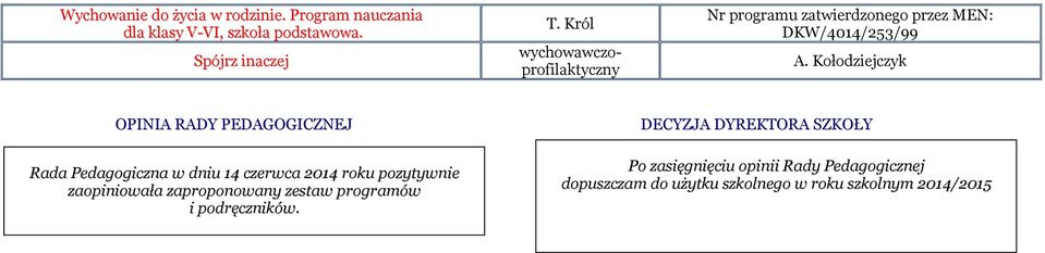 Kołodziejczyk OPINIA RADY PEDAGOGICZNEJ DECYZJA DYREKTORA SZKOŁY Rada Pedagogiczna w dniu 14 czerwca 2014 roku