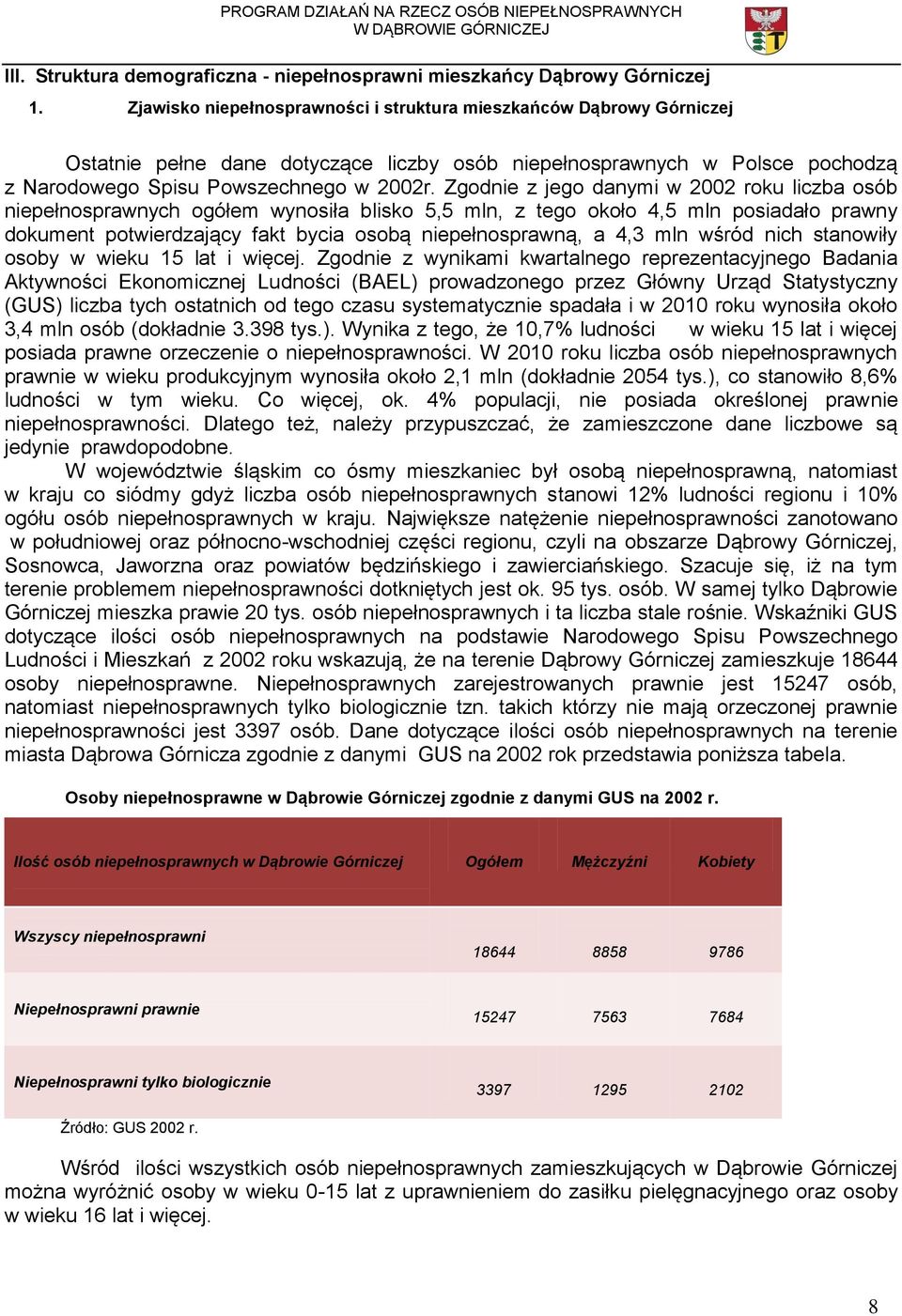 Zgodnie z jego danymi w 2002 roku liczba osób niepełnosprawnych ogółem wynosiła blisko 5,5 mln, z tego około 4,5 mln posiadało prawny dokument potwierdzający fakt bycia osobą niepełnosprawną, a 4,3