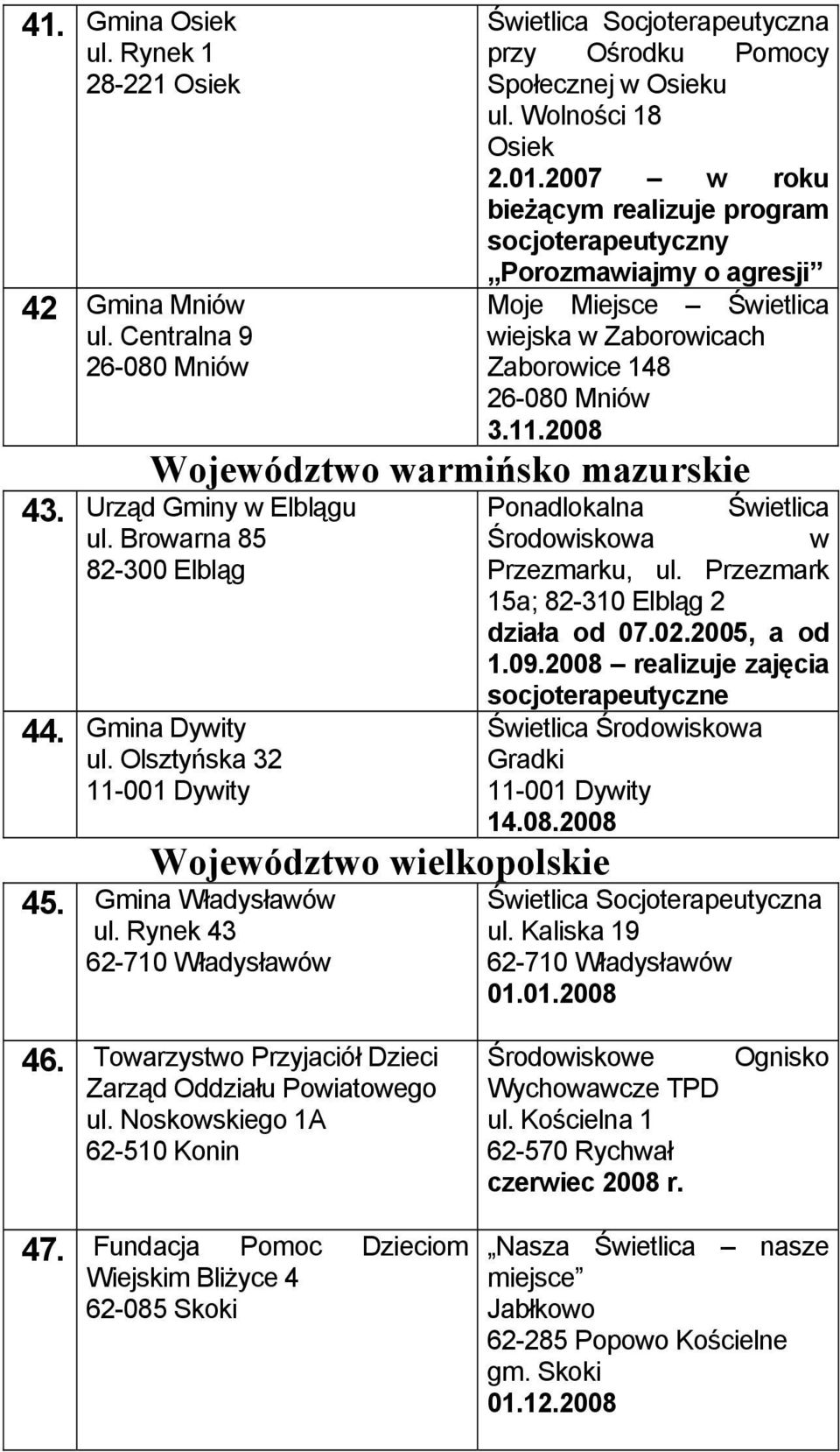 Urząd Gminy Elblągu ul. Broarna 85 82-300 Elbląg 44. Gmina Dyity ul. Olsztyńska 32 11-001 Dyity Wojeództo ielkopolskie 45. Gmina Władysłaó ul.