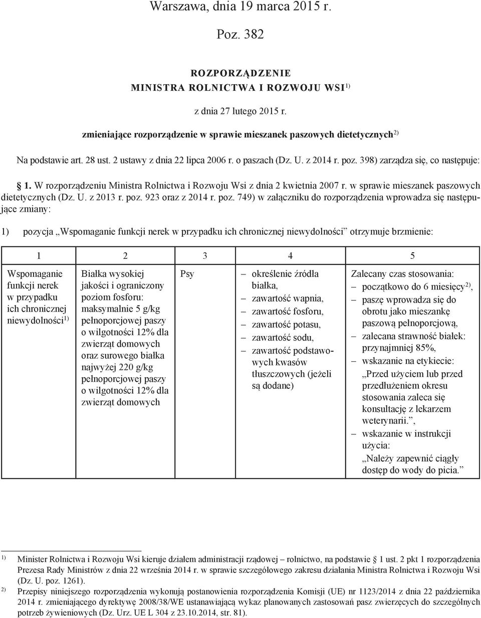 398) zarządza się, co następuje: 1. W rozporządzeniu Ministra Rolnictwa i Rozwoju Wsi z dnia 2 kwietnia 2007 r. w sprawie mieszanek paszowych dietetycznych (Dz. U. z 2013 r. poz. 923 oraz z 2014 r.