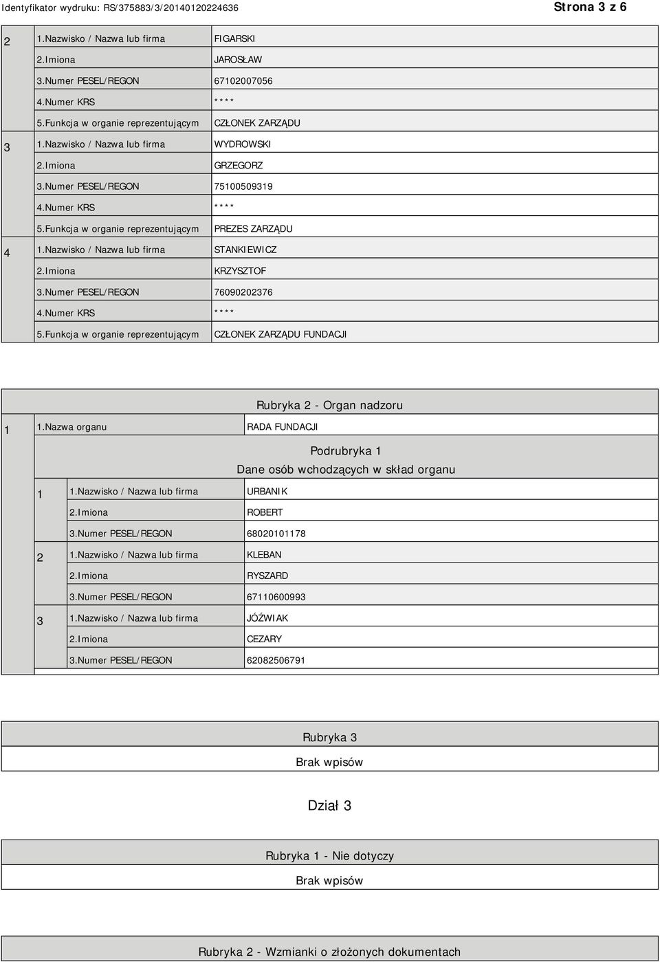 Nazwa organu RADA FUNDACJI Podrubryka 1 Dane osób wchodzących w skład organu 1 1.Nazwisko / Nazwa lub firma URBANIK ROBERT 3.Numer PESEL/REGON 68020101178 2 1.