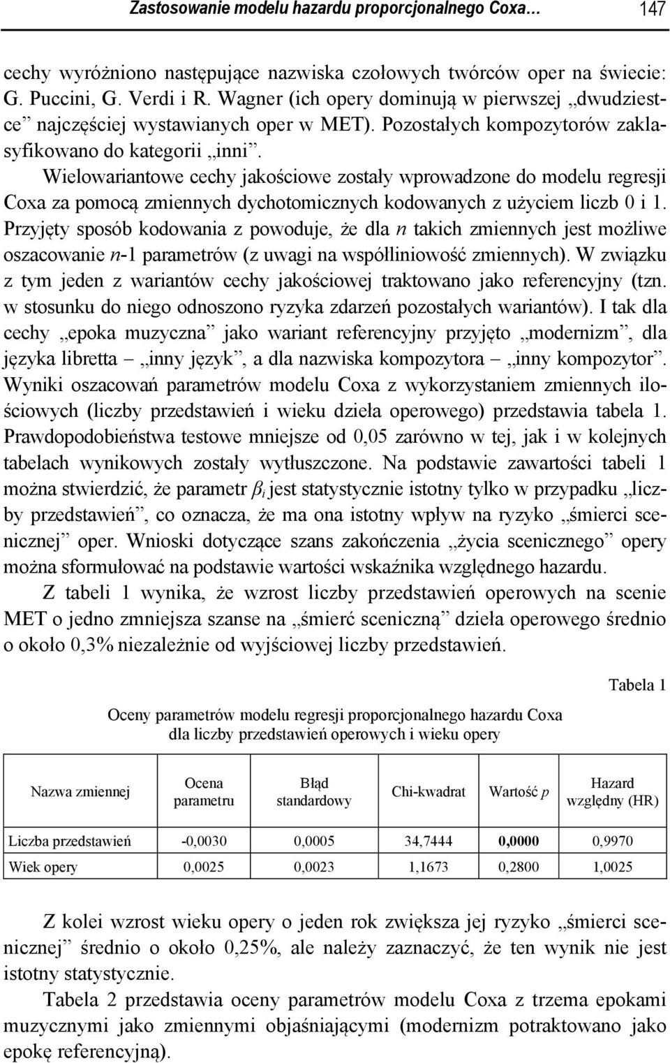 Wielowariantowe cechy jakościowe zostały wprowadzone do modelu regresji Coxa za pomocą zmiennych dychotomicznych kodowanych z użyciem liczb 0 i 1.