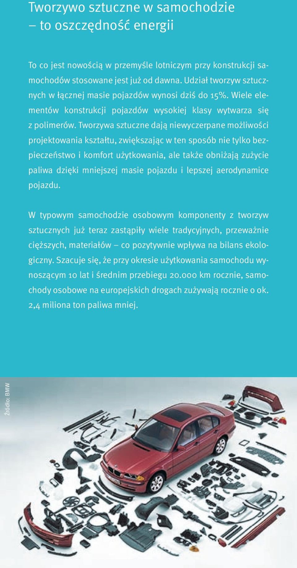 Tworzywa sztuczne dają niewyczerpane możliwości projektowania kształtu, zwiększając w ten sposób nie tylko bezpieczeństwo i komfort użytkowania, ale także obniżają zużycie paliwa dzięki mniejszej