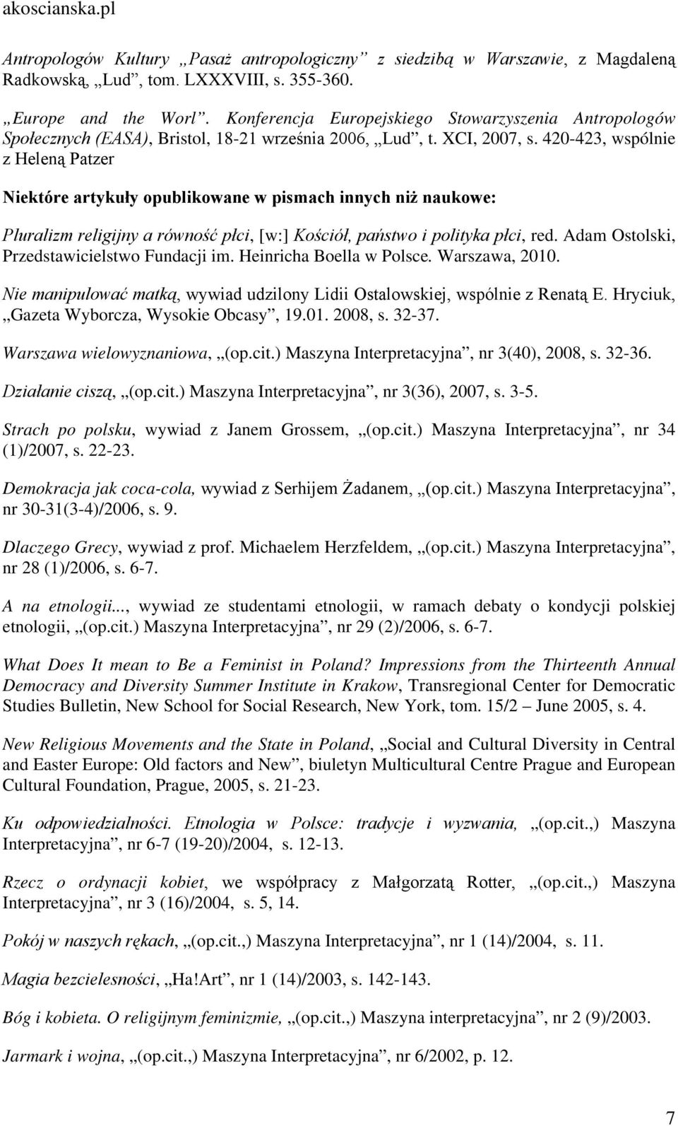 420-423, wspólnie z Heleną Patzer Niektóre artykuły opublikowane w pismach innych niż naukowe: Pluralizm religijny a równość płci, [w:] Kościół, państwo i polityka płci, red.