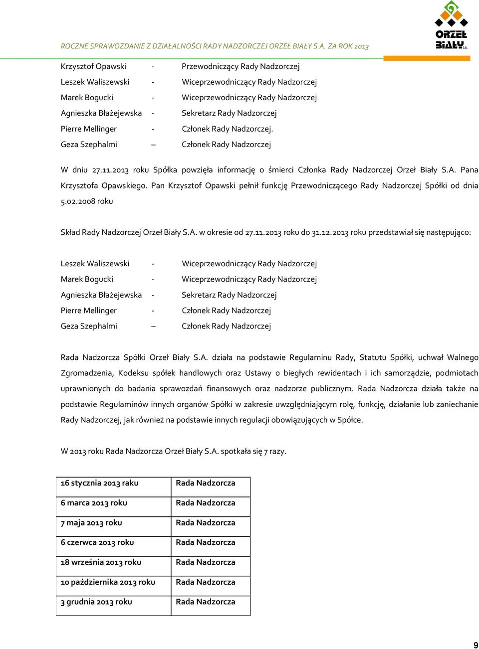 Pana Krzysztofa Opawskiego. Pan Krzysztof Opawski pełnił funkcję Przewodniczącego Rady Nadzorczej Spółki od dnia 5.02.2008 roku Skład Rady Nadzorczej Orzeł Biały S.A. w okresie od 27.11.