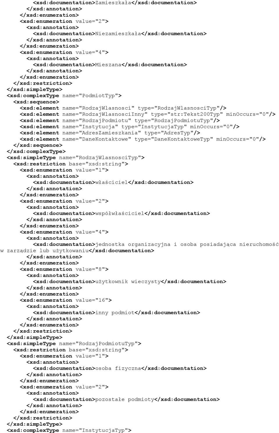 type="str:tekst200typ" minoccurs="0"/> <xsd:element name="rodzajpodmiotu" type="rodzajpodmiotutyp"/> <xsd:element name="instytucja" type="instytucjatyp" minoccurs="0"/> <xsd:element