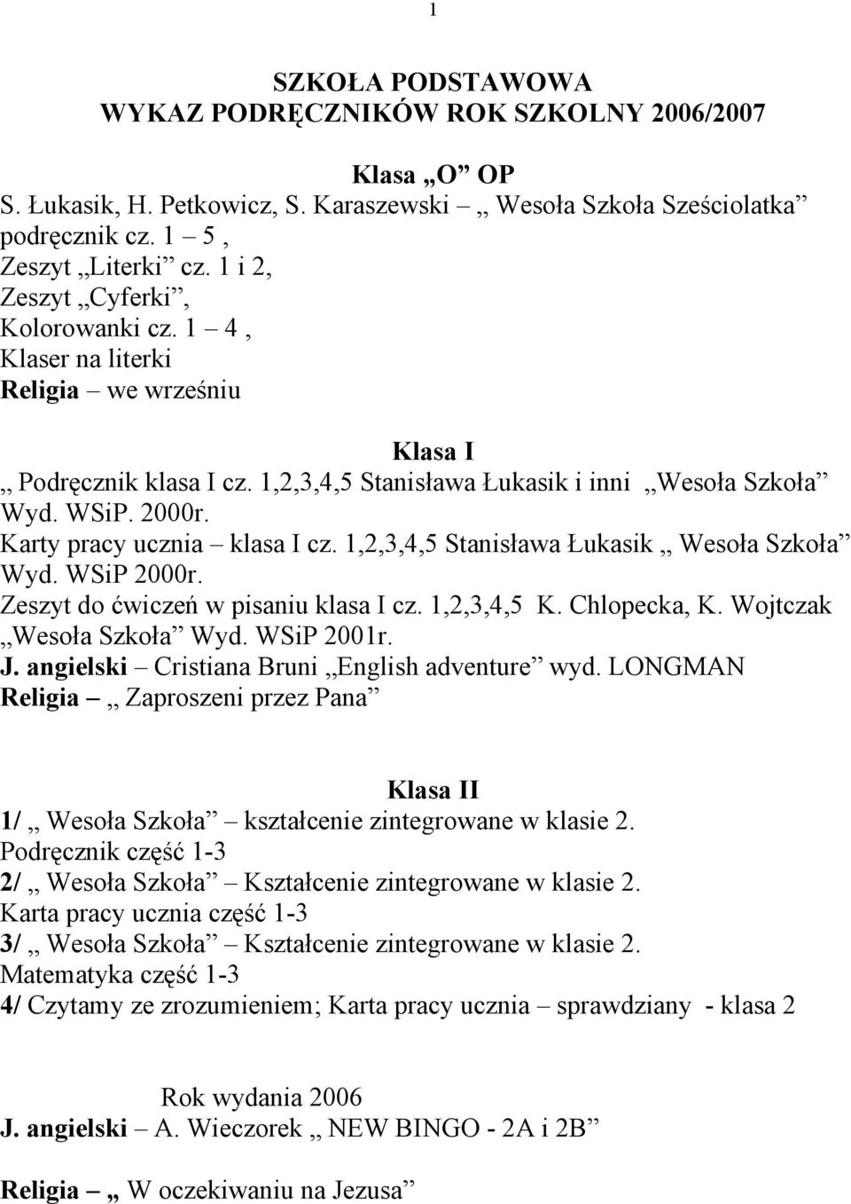 Karty pracy ucznia klasa I cz. 1,2,3,4,5 Stanisława Łukasik Wesoła Szkoła Wyd. WSiP 2000r. Zeszyt do ćwiczeń w pisaniu klasa I cz. 1,2,3,4,5 K. Chlopecka, K. Wojtczak Wesoła Szkoła Wyd. WSiP 2001r. J.