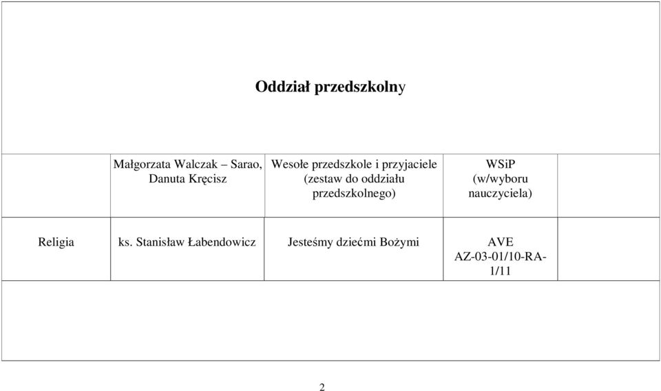 przedszkolnego) WSiP (w/wyboru nauczyciela) Religia ks.