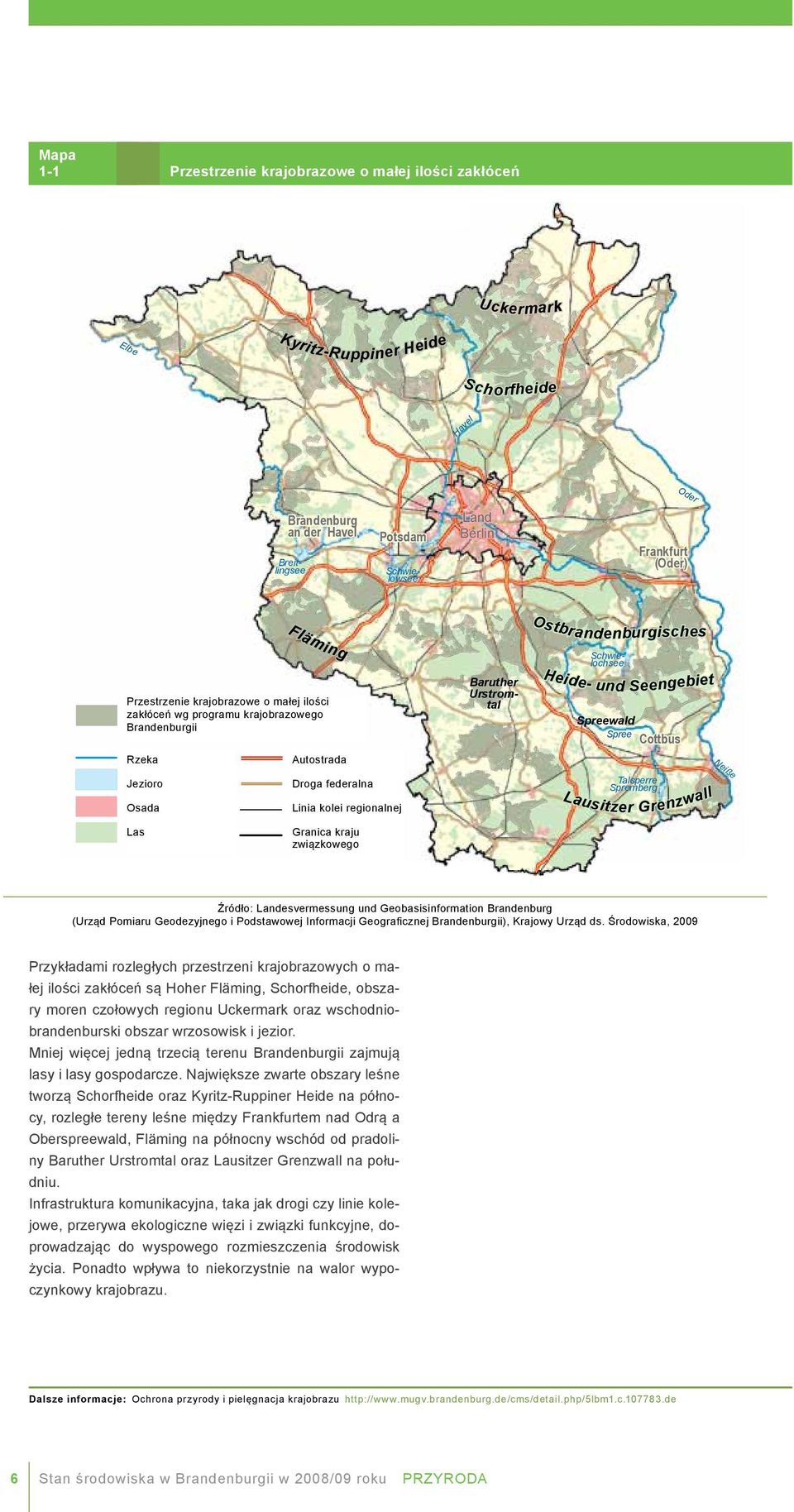 zakłóceń wg programu krajobrazowego Brandenburgii Landschaftsprogramm Brandenburg Rzeka Fluss Jezioro See Osada Siedlung Las Wald Autostrada Autobahn Droga Bundesstraße federalna Linia Regionalbahn