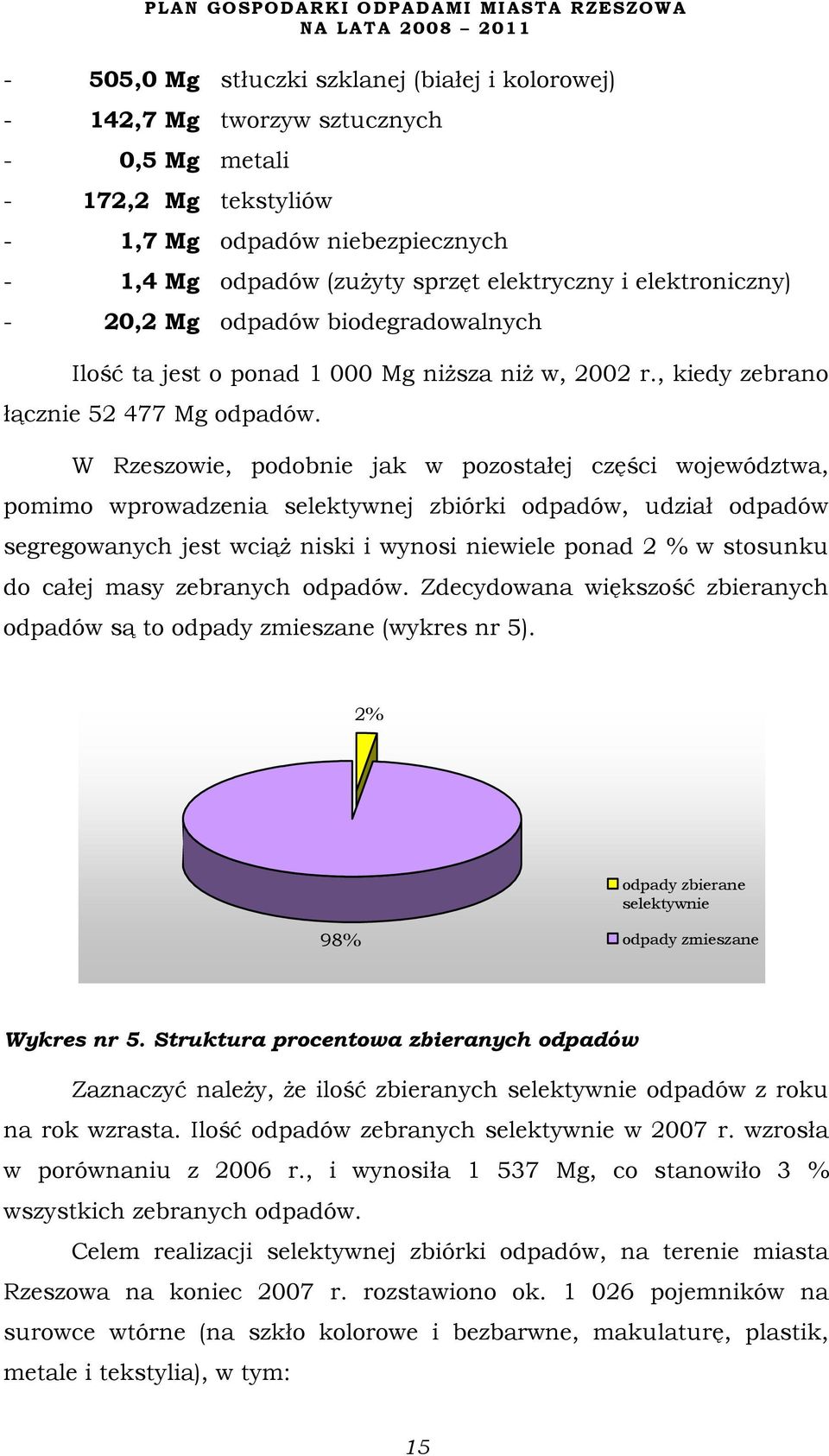 W Rzeszowie, podobnie jak w pozostałej części województwa, pomimo wprowadzenia selektywnej zbiórki odpadów, udział odpadów segregowanych jest wciąż niski i wynosi niewiele ponad 2 % w stosunku do