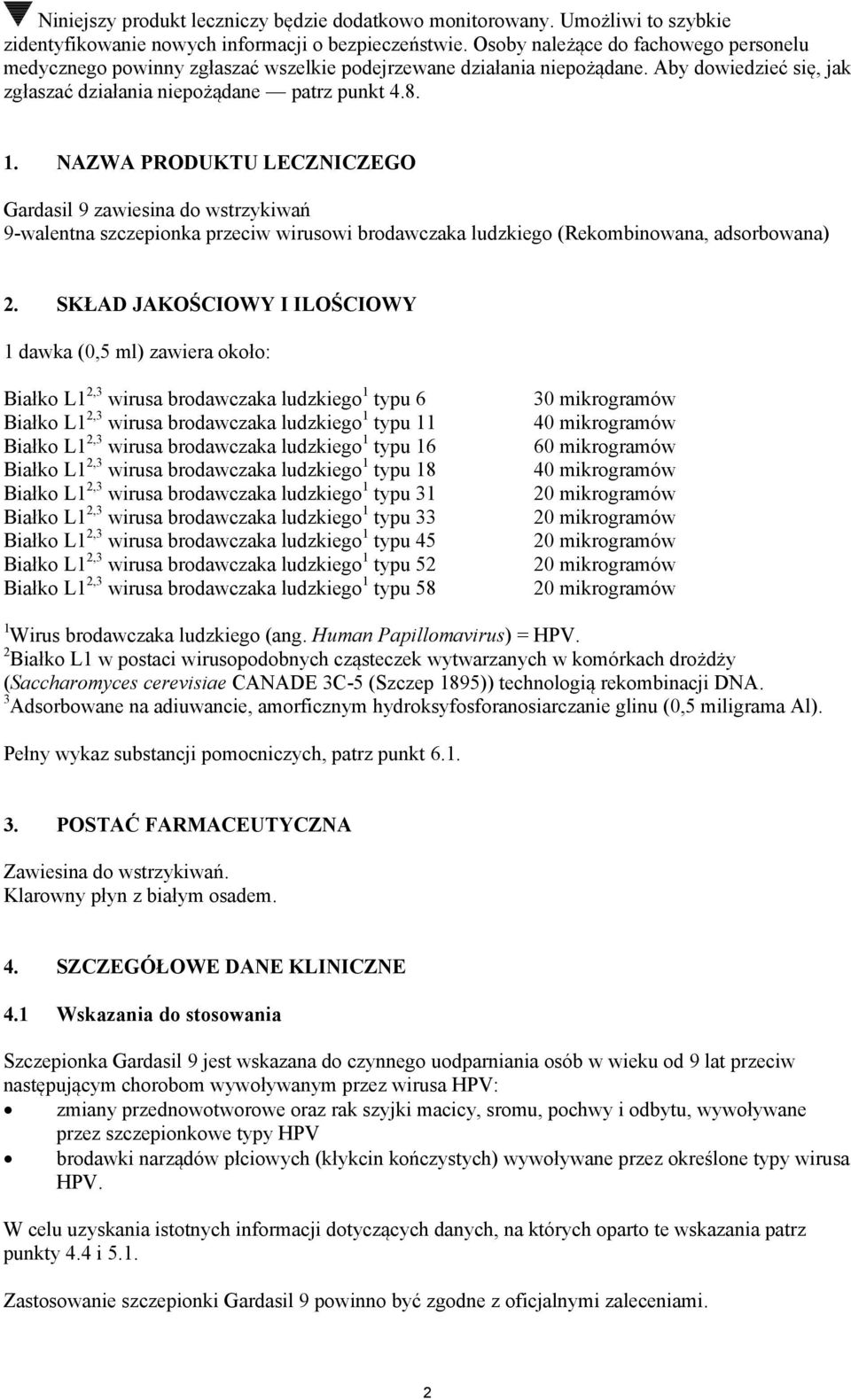 NAZWA PRODUKTU LECZNICZEGO Gardasil 9 zawiesina do wstrzykiwań 9-walentna szczepionka przeciw wirusowi brodawczaka ludzkiego (Rekombinowana, adsorbowana) 2.