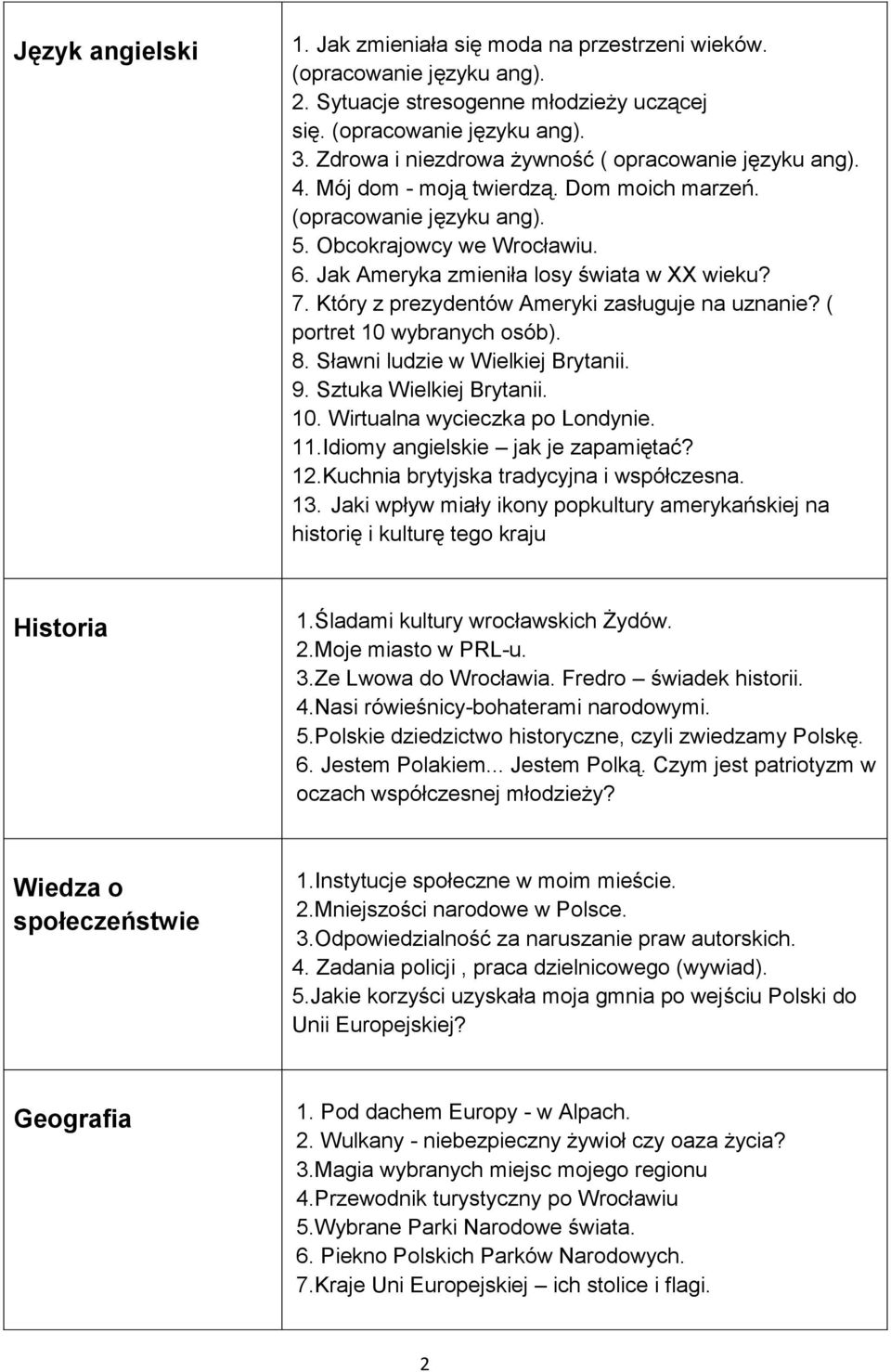 Jak Ameryka zmieniła losy świata w XX wieku? 7. Który z prezydentów Ameryki zasługuje na uznanie? ( portret 10 wybranych osób). 8. Sławni ludzie w Wielkiej Brytanii. 9. Sztuka Wielkiej Brytanii. 10. Wirtualna wycieczka po Londynie.