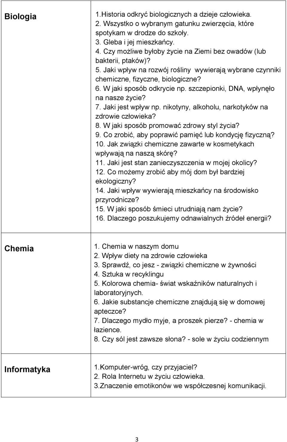 szczepionki, DNA, wpłynęło na nasze życie? 7. Jaki jest wpływ np. nikotyny, alkoholu, narkotyków na zdrowie człowieka? 8. W jaki sposób promować zdrowy styl życia? 9.