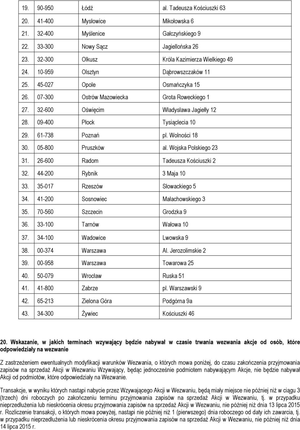 32-600 Oświęcim Władysława Jagiełły 12 28. 09-400 Płock Tysiąclecia 10 29. 61-738 Poznań pl. Wolności 18 30. 05-800 Pruszków al. Wojska Polskiego 23 31. 26-600 Radom Tadeusza Kościuszki 2 32.